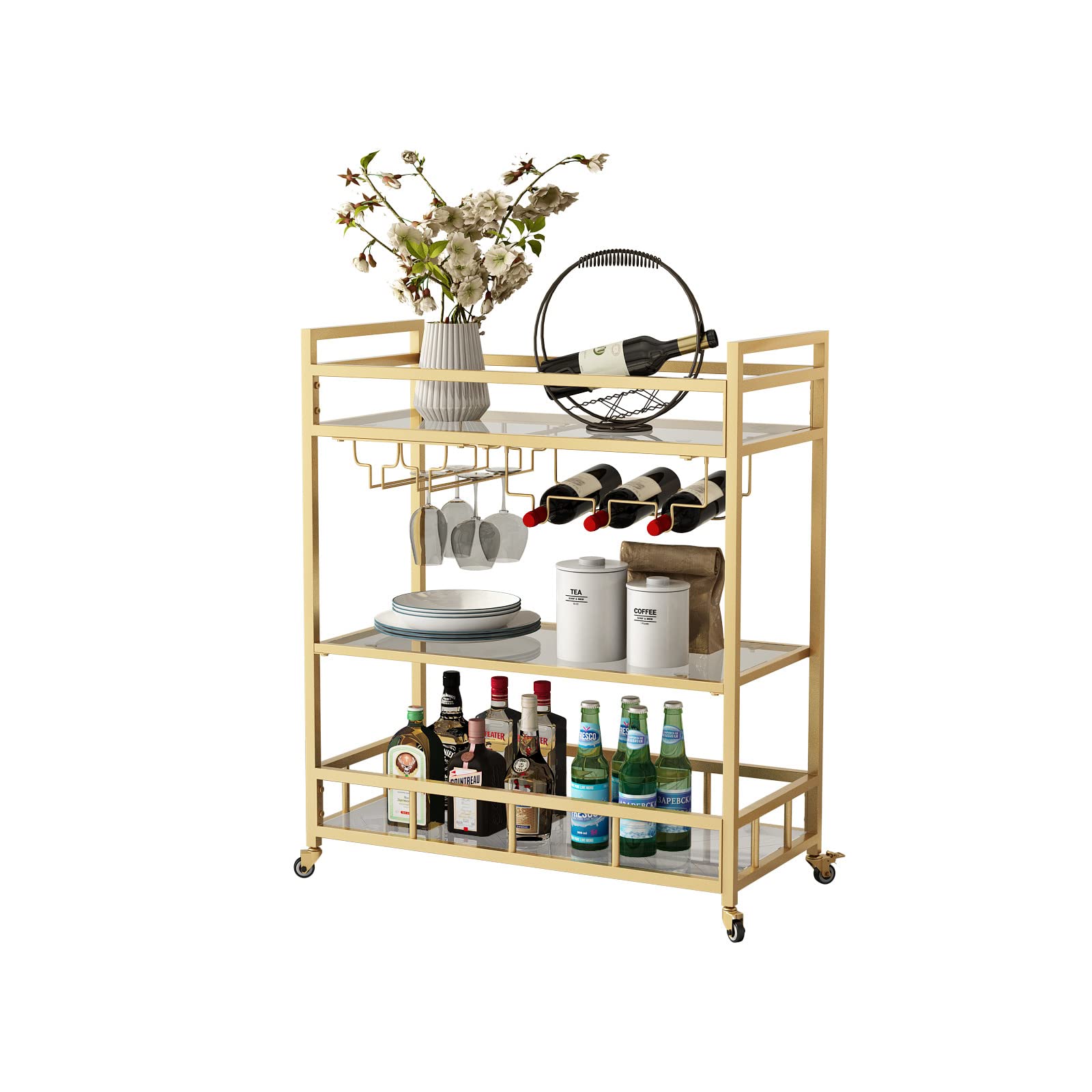 3-Tier Gold Rolling Bar Cart with Bottle Storage & Wine Glass Holder - Mobile Serving Cart for Indoor & Outdoor Use, Perfect for Parties, Patios & Kitchen Entertaining