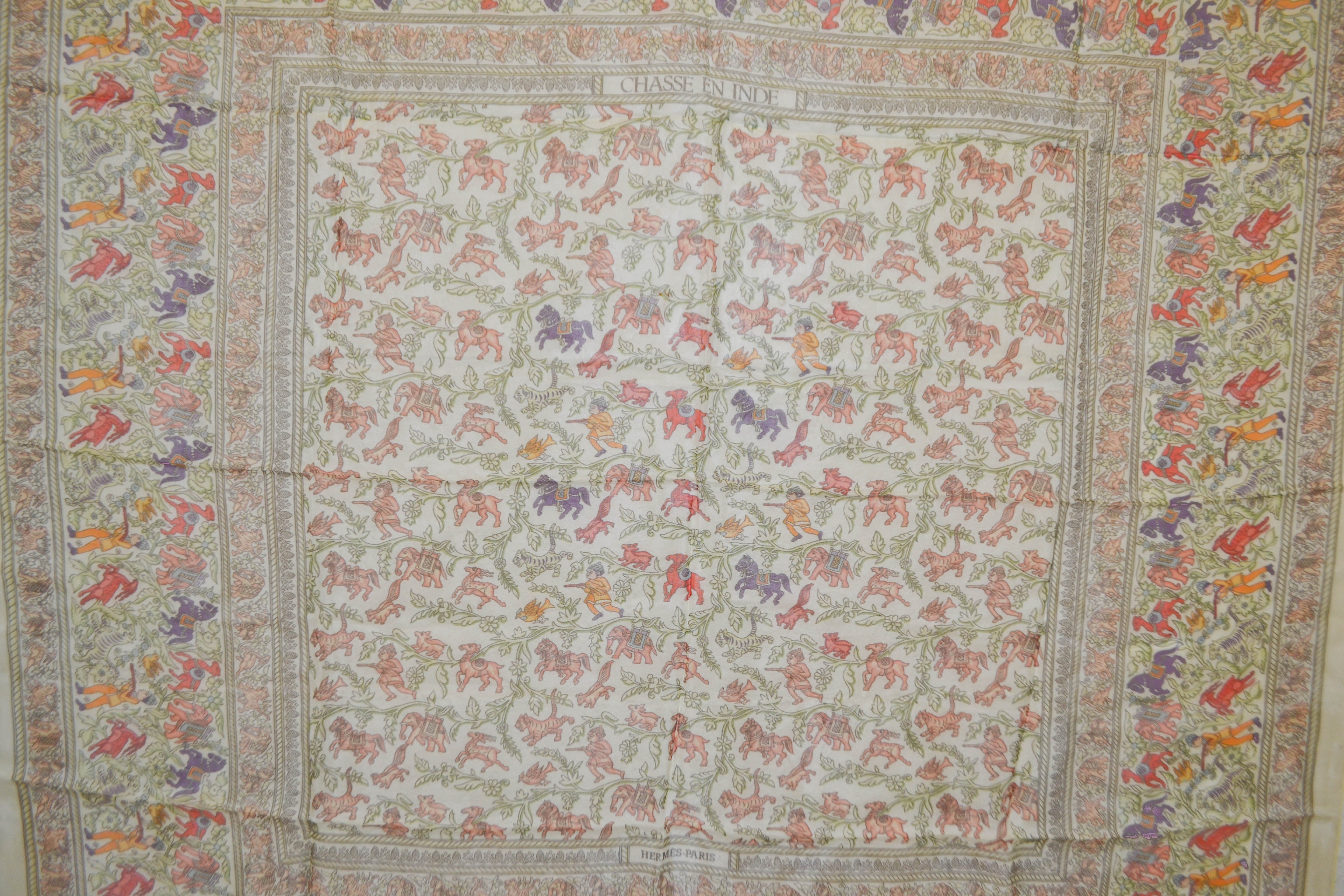 Authentic Hermes Beige Horse Chasse En Inde 100% Mousseline Silk Scarf 36