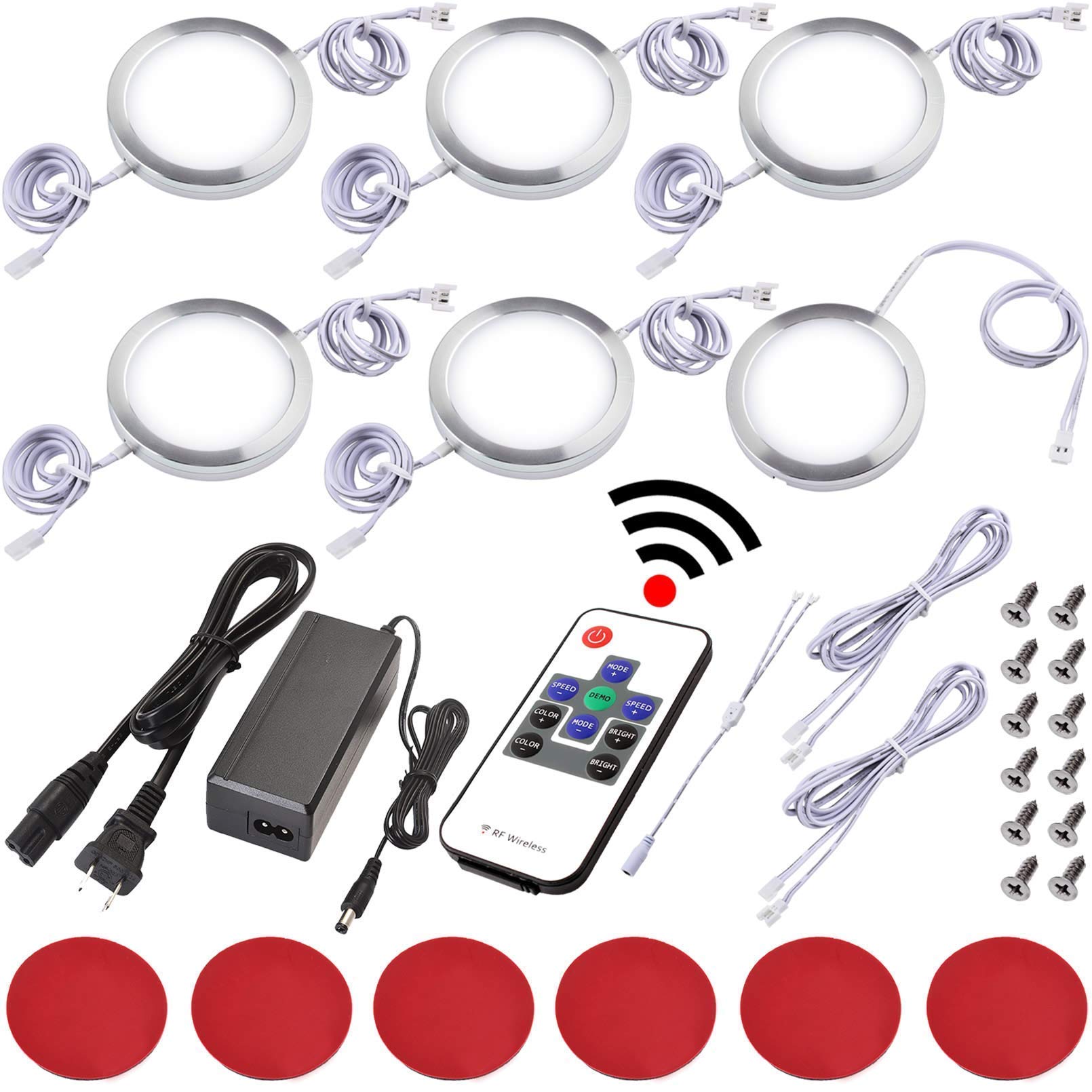 Dimmable Under Cabinet LED Lighting Kit with Wireless RF Control - Linkable Puck Lights for Kitchen, Hardwired or Plug-in, 12/6 Lights Daylight White - Perfect for Countertops, Pantries & Display Shelves