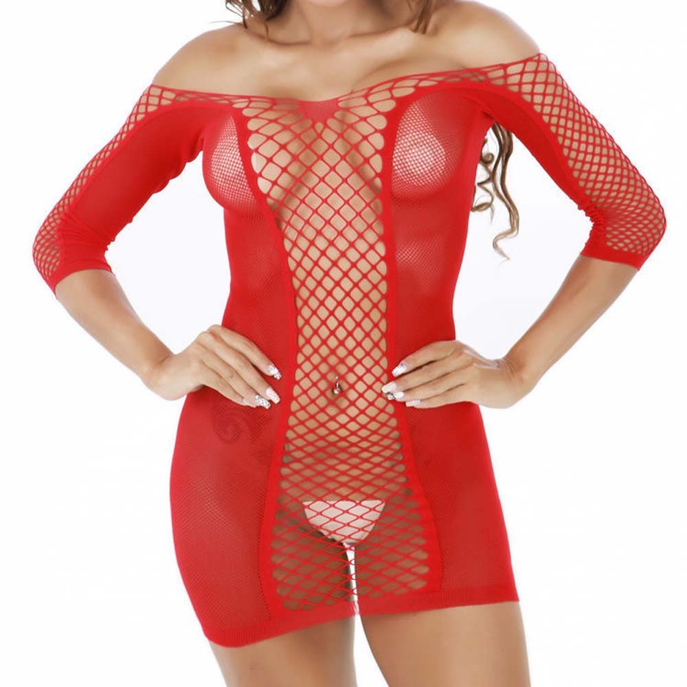 Sexy Women's Lingerie Babydoll Dress - Off Shoulder Fishnet Half Sleeve Teddy Bodysuit Chemise for Sleepwear & Romantic Nights (Black/Red) | Perfect for Valentine's Day, Honeymoon & Special Occasions