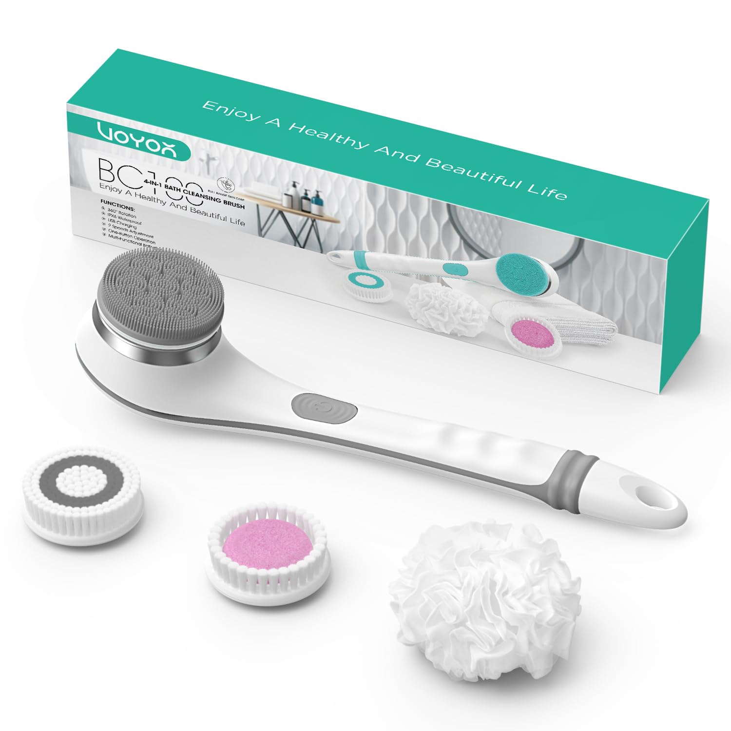 VOYOR Rechargeable Electric Body Brush - Exfoliating Back Scrubber with Long Non-Slip Handle for Deep Cleansing & Massage | Shower, Bath & Spa Use | Waterproof Spin Brush for Smooth Skin (Grey)