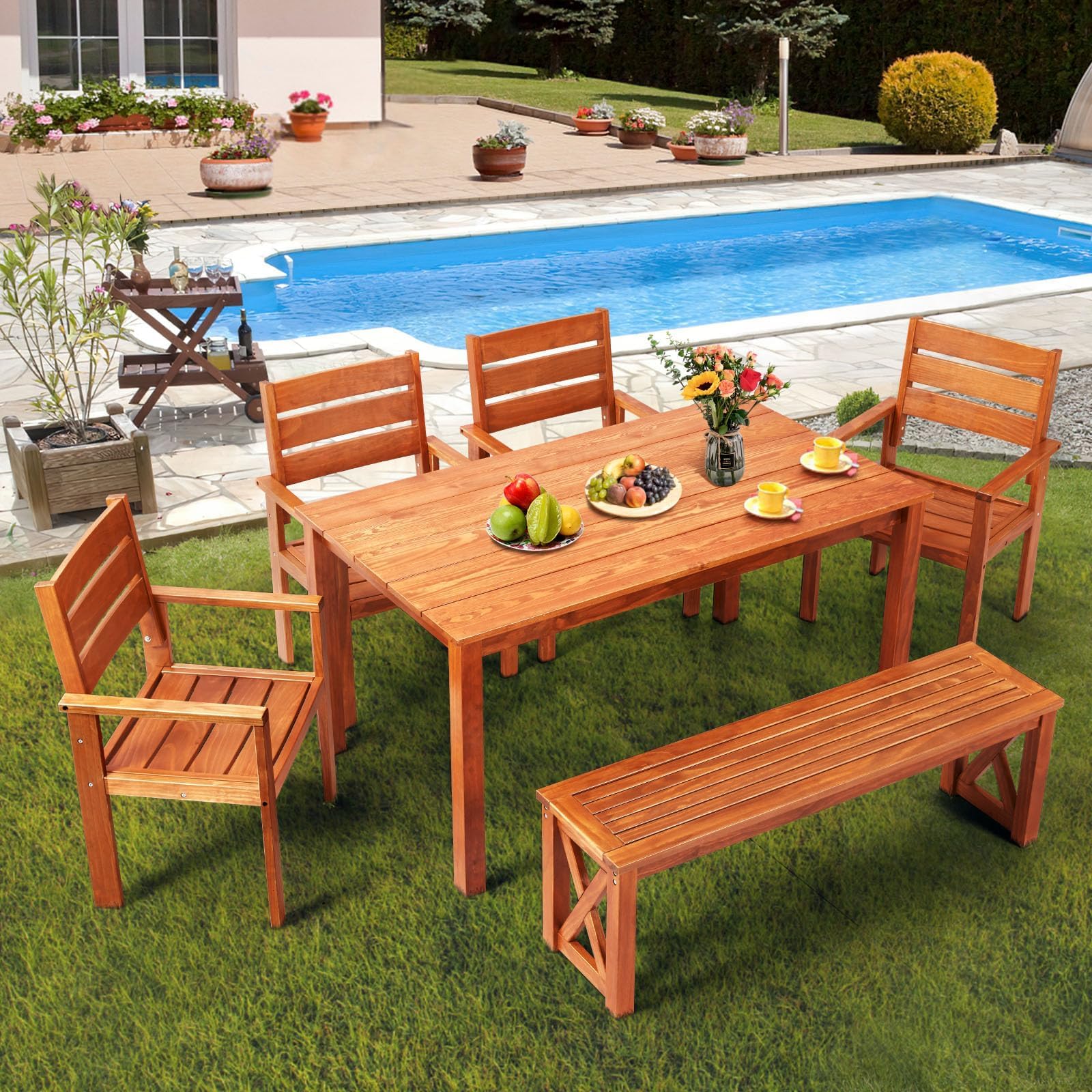 YOLENY 6-Piece Teak Solid Wood Patio Dining Set - Indoor & Outdoor Wooden Furniture for Backyard, Lawn, Garden - Perfect for Outdoor Entertaining & Relaxation