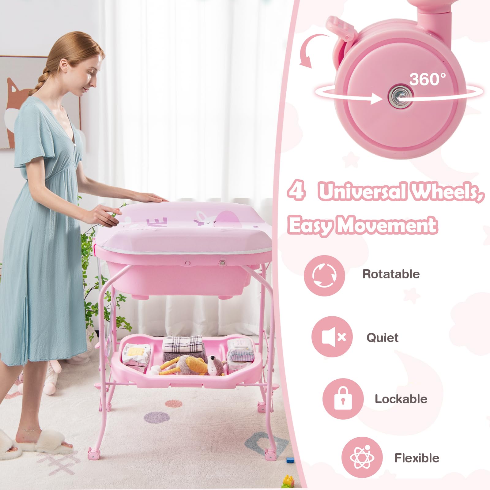HONEY JOY Foldable Baby Changing Table with Bathtub & Wheels - Portable Diaper Changing Station with Storage Tray & Waterproof Pad - Nursery Organizer for Boys & Girls (Pink) - Perfect for Newborn Care, Bath Time & Nursery Organization