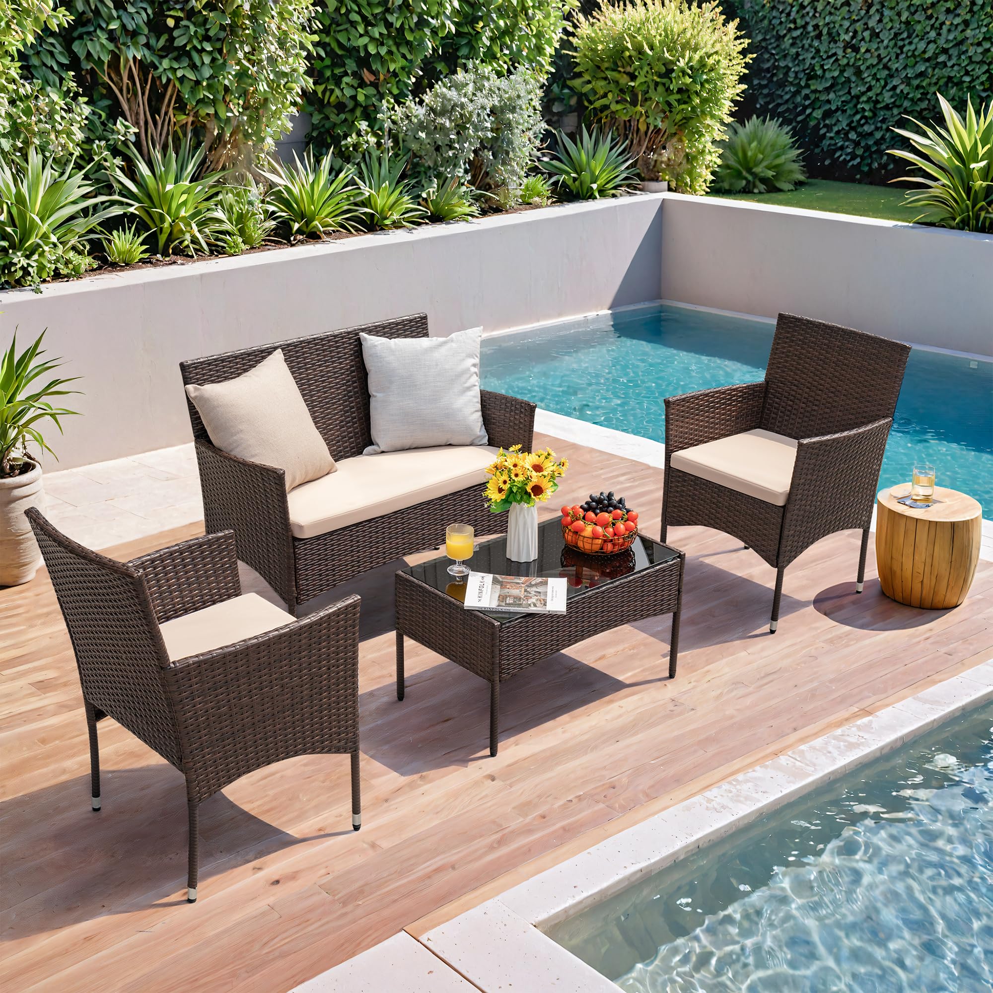 **Homall 4-Piece Outdoor Patio Furniture Set - Rattan Wicker Chairs with Cushions, Brown & Beige - Perfect for Backyard, Porch, Garden, Poolside & Balcony - Indoor & Outdoor Use**