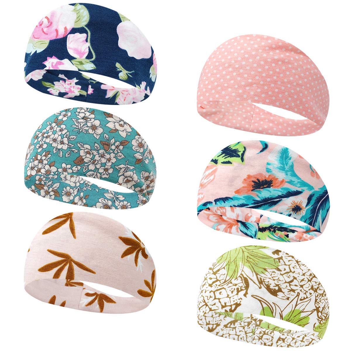 Boho Vintage Floral Elastic Headbands for Women - Set of 6 Stretchy Hair Bands for Sports, Yoga, Workouts, Gym, Running, Facials & Everyday Fashion Accessories