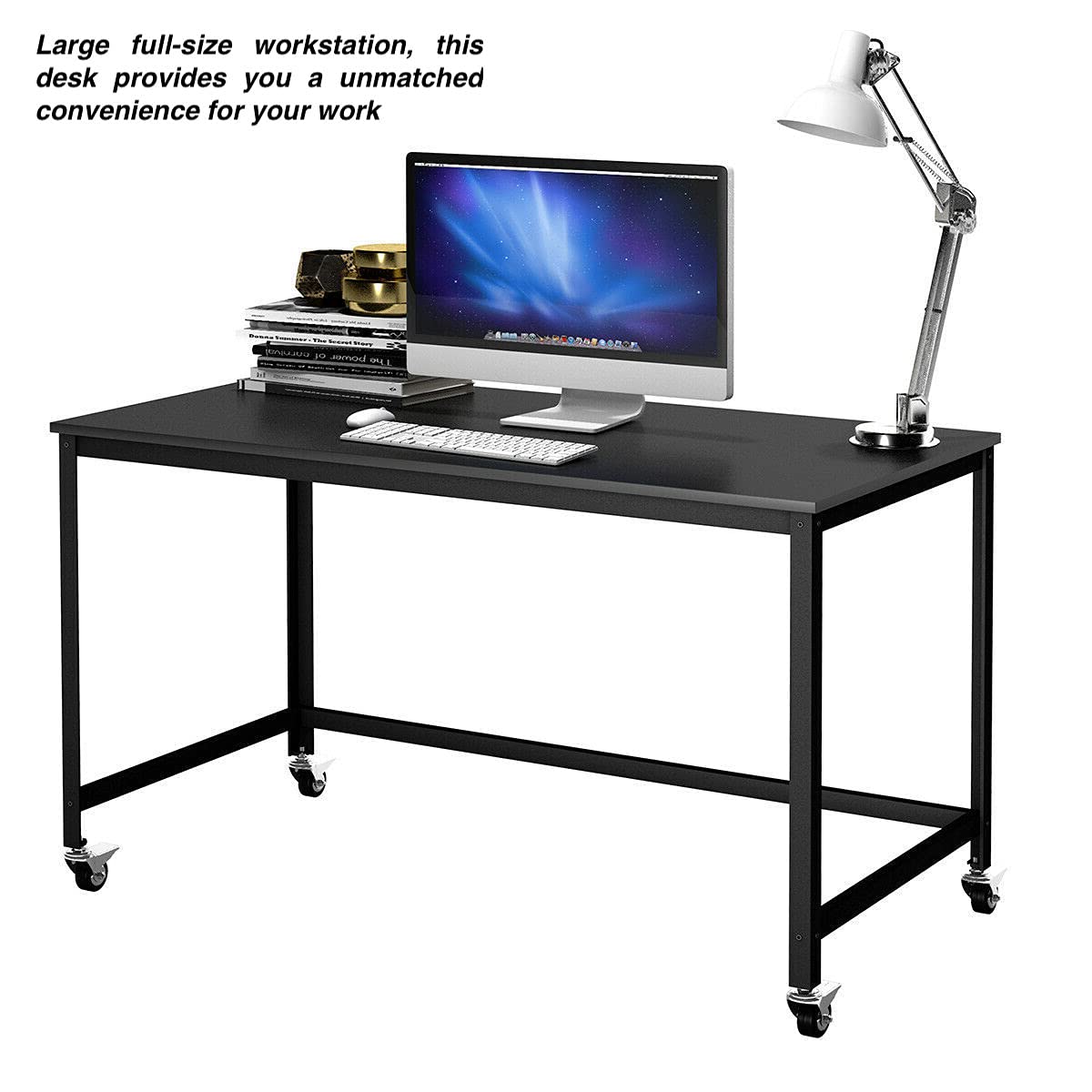 Black Rolling Computer Desk - Adjustable Laptop Workstation with Wheels, Large Full-Size Study Table for Home Office, Gaming & Workspace - Ideal for Writing, Reading, Business & Personal Use in Living Room or Bedroom