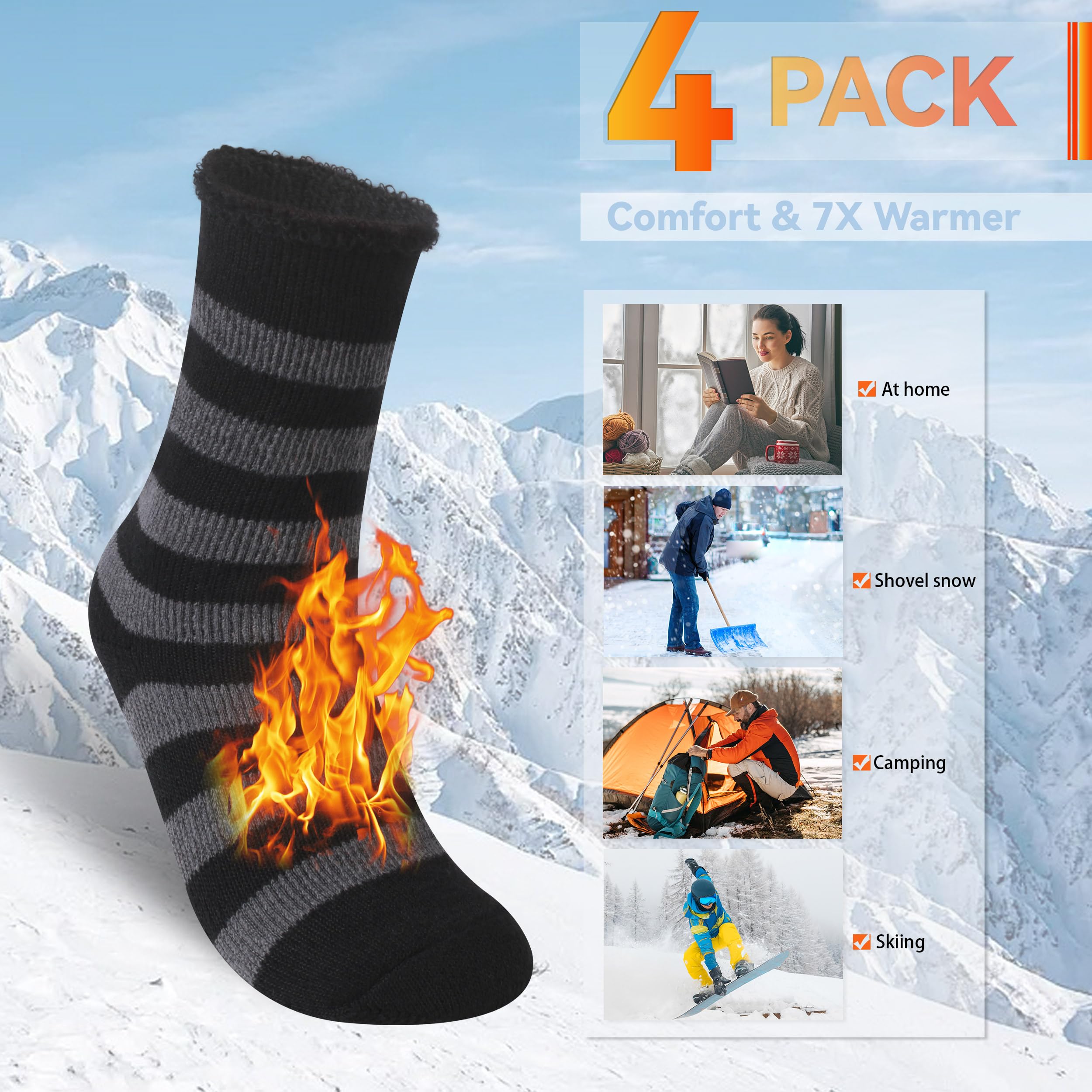 Sunew Thermal Socks 4 Pack - Winter Heated Socks for Men & Women - Warm Wool Ski Socks for Outdoor Activities, Hiking & Snow Sports - Perfect for Cold Weather & Winter Adventures