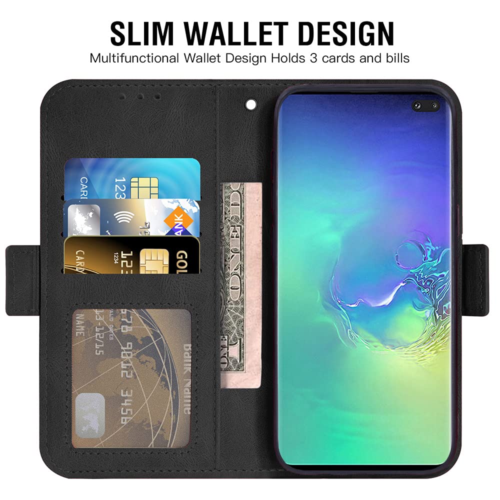 Samsung Galaxy S10 Plus Wallet Case with Tempered Glass Screen Protector - Flip Cover Card Holder & Phone Case for Galaxy S10+ (Black) | Perfect for Daily Use, Travel & Business Meetings
