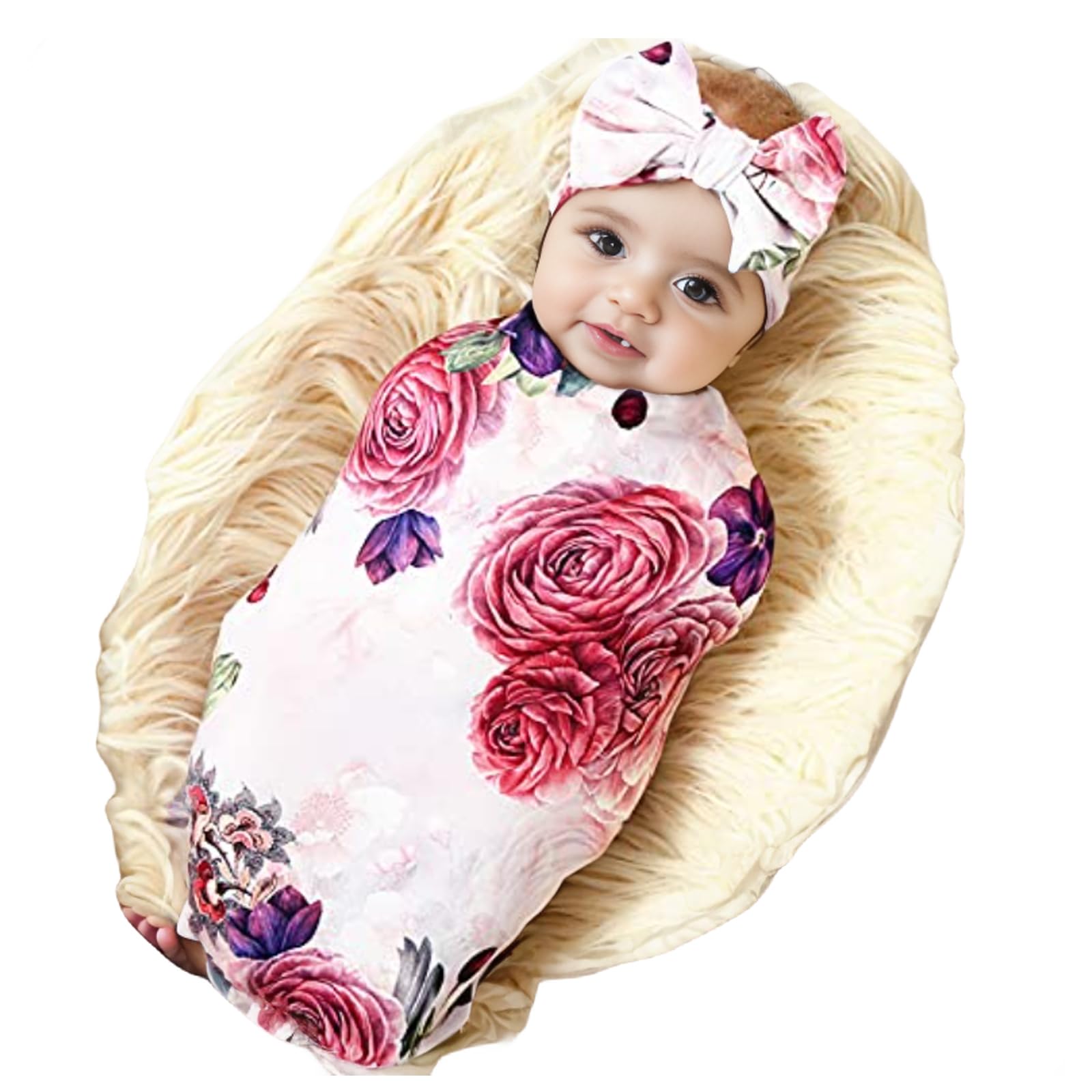 Galabloomer Newborn Baby Receiving Blanket & Headband Set - Soft Swaddle Wrap with Big Flower Bow (Nostalgia Rose) - Perfect for Newborn Photography, Baby Shower Gifts & Hospital Going Home Outfits