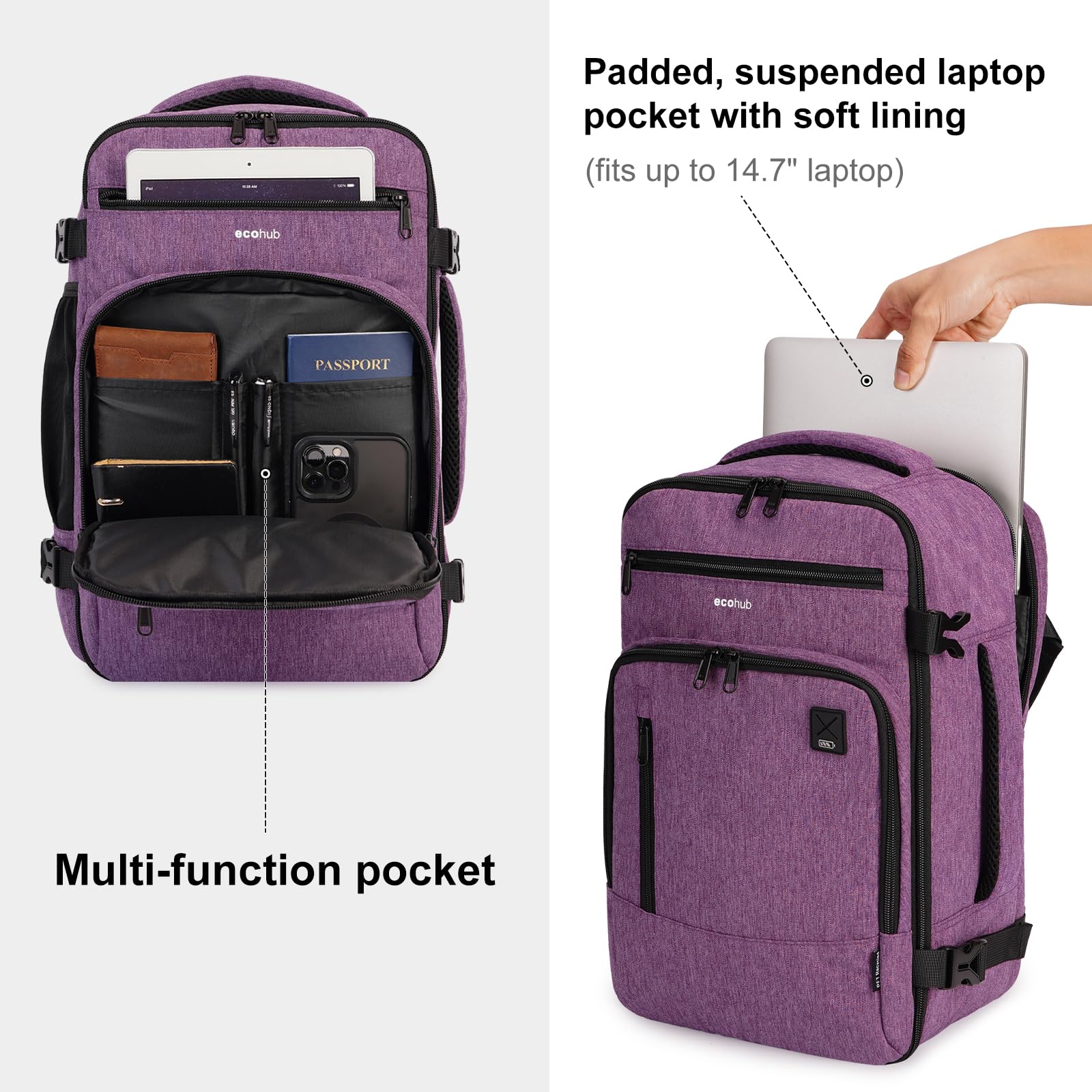 ECOHUB 16 Inch Lightweight Waterproof Travel Backpack for Women & Men - Airline Approved Carry-On Laptop Backpack, Daypack for Hiking, Work & Daily Use (Pink) | Perfect for Business Trips, College & Weekend Getaways