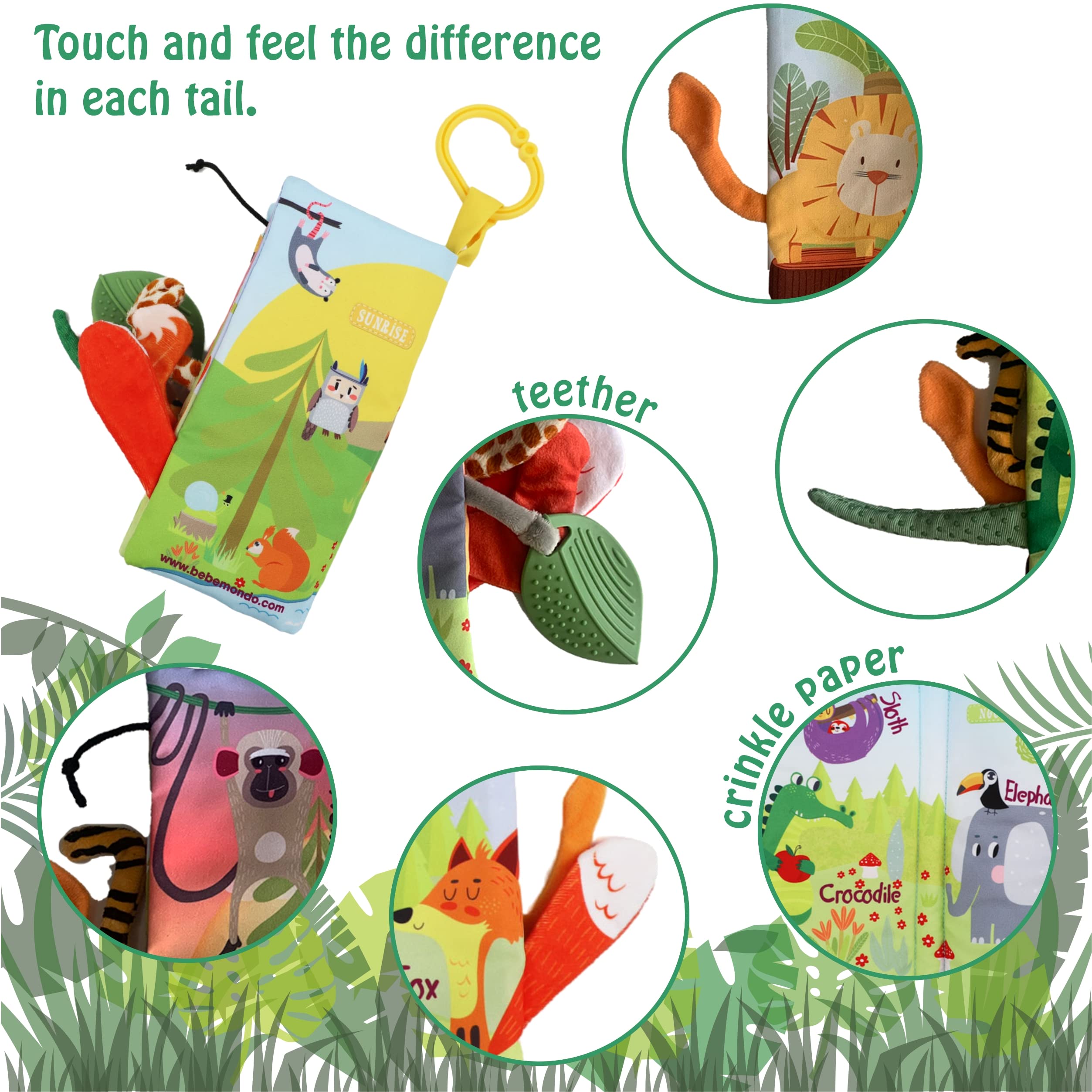Bebe Mondo Jungle Baby Stroller Toys & Touch and Feel Crinkle Cloth Books for Newborns 0-18 Months - Interactive Sensory Infant Toys, Shower Gifts for Boys and Girls | Perfect for Stroller Playtime, Tummy Time & Early Learning Development