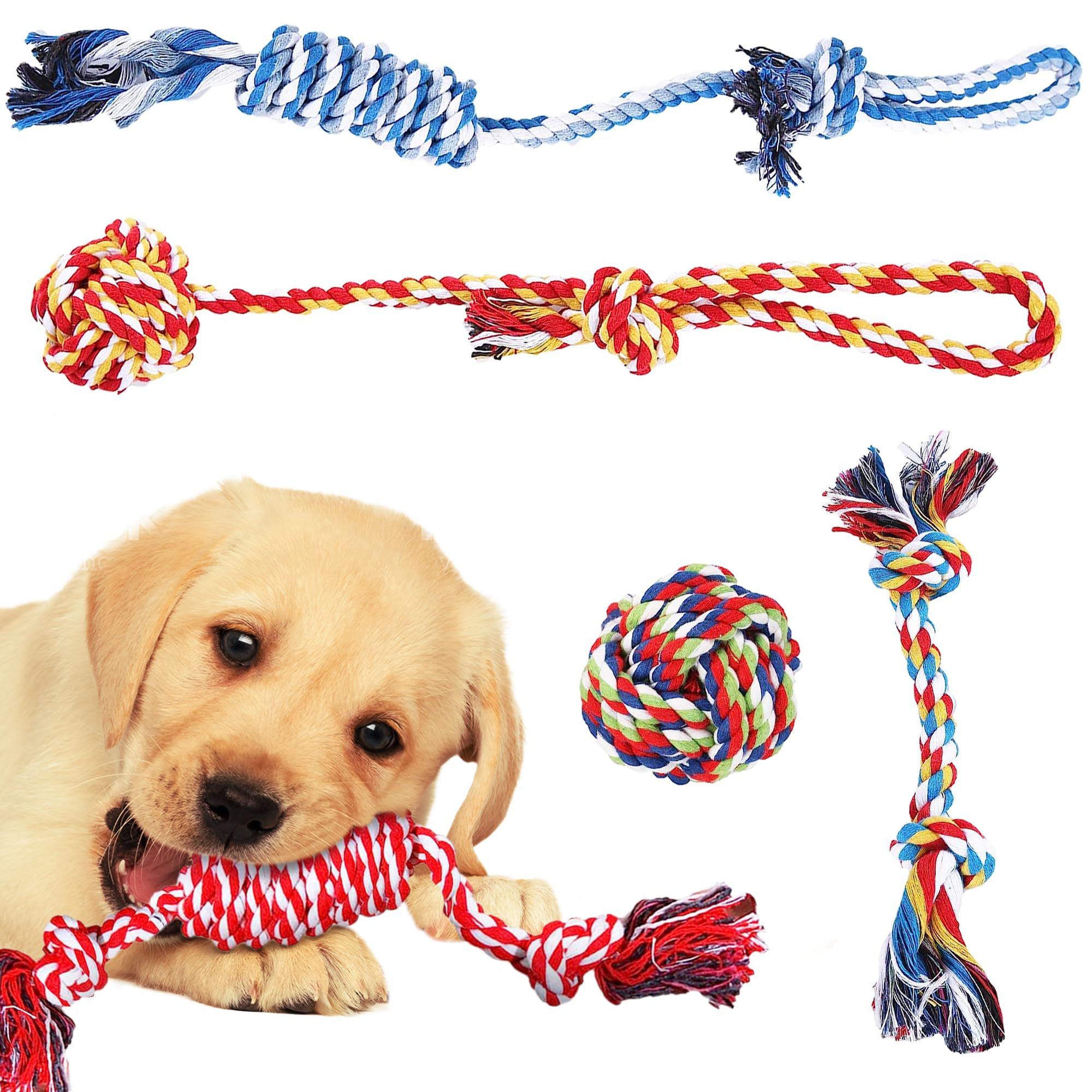 SunGrow 5-Pack Ferret Rope Chew Toys - Durable Machine-Washable Cotton Knotted Rope for Small to Medium Dogs & Puppies - Teething Relief & Cage Accessories (3