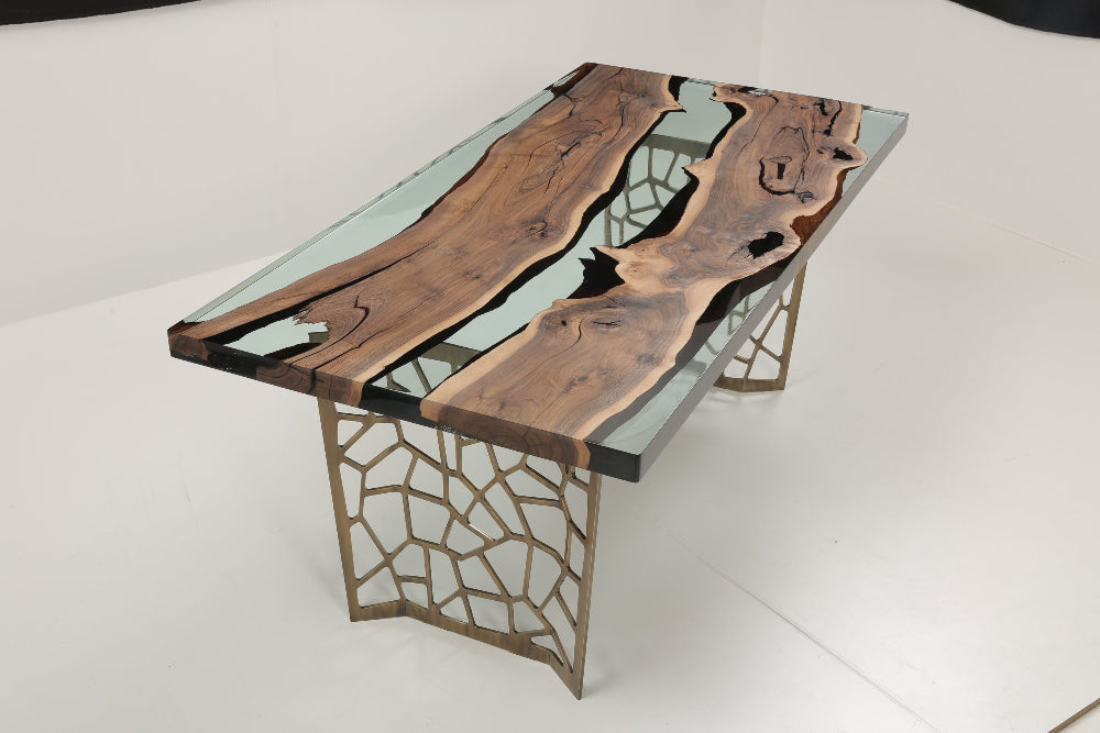 Voronoi Resin Walnut River Dining Table - Modern Wood & Epoxy Live Edge Table for Dining Room, Kitchen, Office - Unique Handmade Home Decor & Furniture