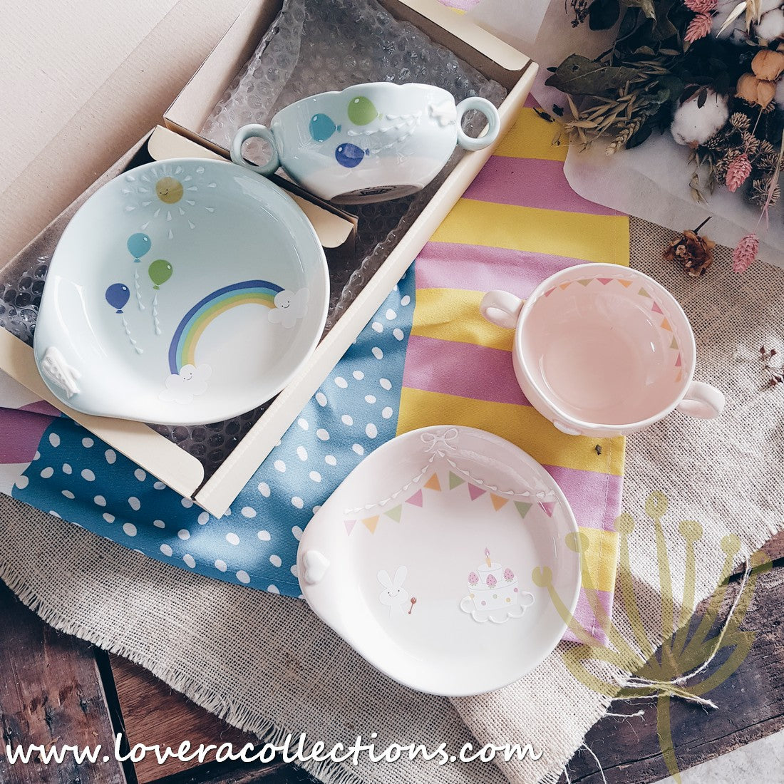 Chikudouen x Lovera Blue Balloon Kids Dinnerware Set - 4-Piece Children's Tableware Gift for Birthday & Holidays (Plates, Bowls, Cups & Utensils) - Perfect for Parties, Daily Meals & Special Occasions
