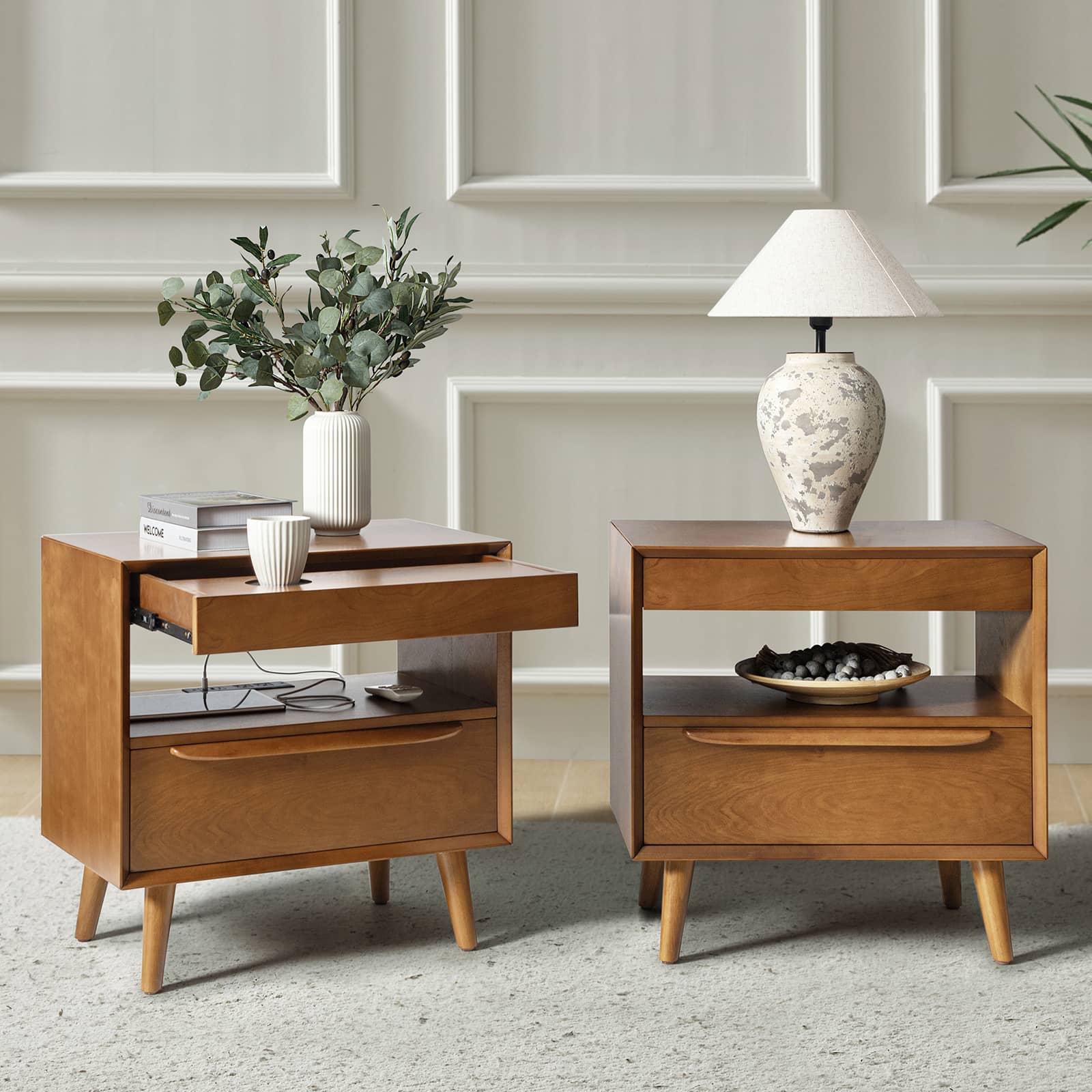 Mid Century Modern Nightstand with 2 Drawers & Built-In Outlets - Giralda Bedside Table for Bedroom, Living Room & Office (Optional Types)