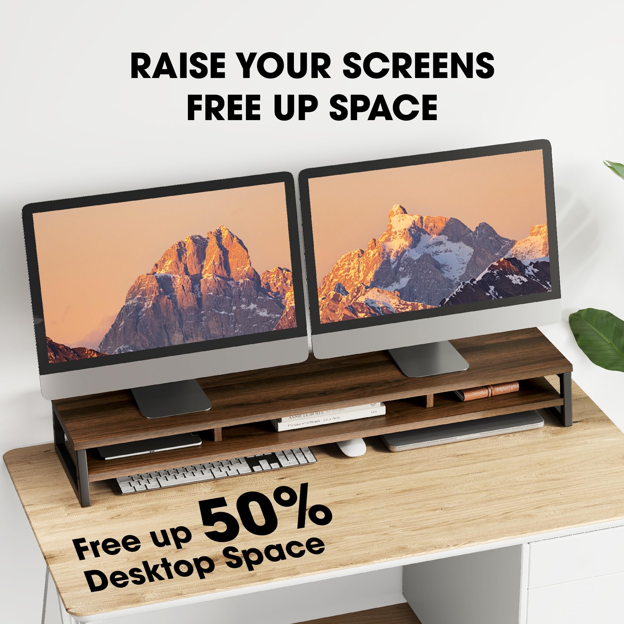 Dual Monitor Stand Riser for Desk - 42.5 Inch Large 2-Tier Monitor Shelf for 2 Screens, Laptop, PC & Printer | Space-Saving Office Desk Organizer for Home & Work Setup