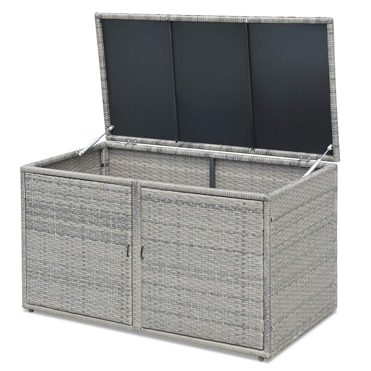 LDAILY Rattan Storage Box with 2 Shelves & Lid - Wicker Deck Box for Outdoor Garden, Backyard, Patio - Organize Accessories, Tools, Toys - Weather-Resistant Grey Storage Solution for Home & Yard Organization