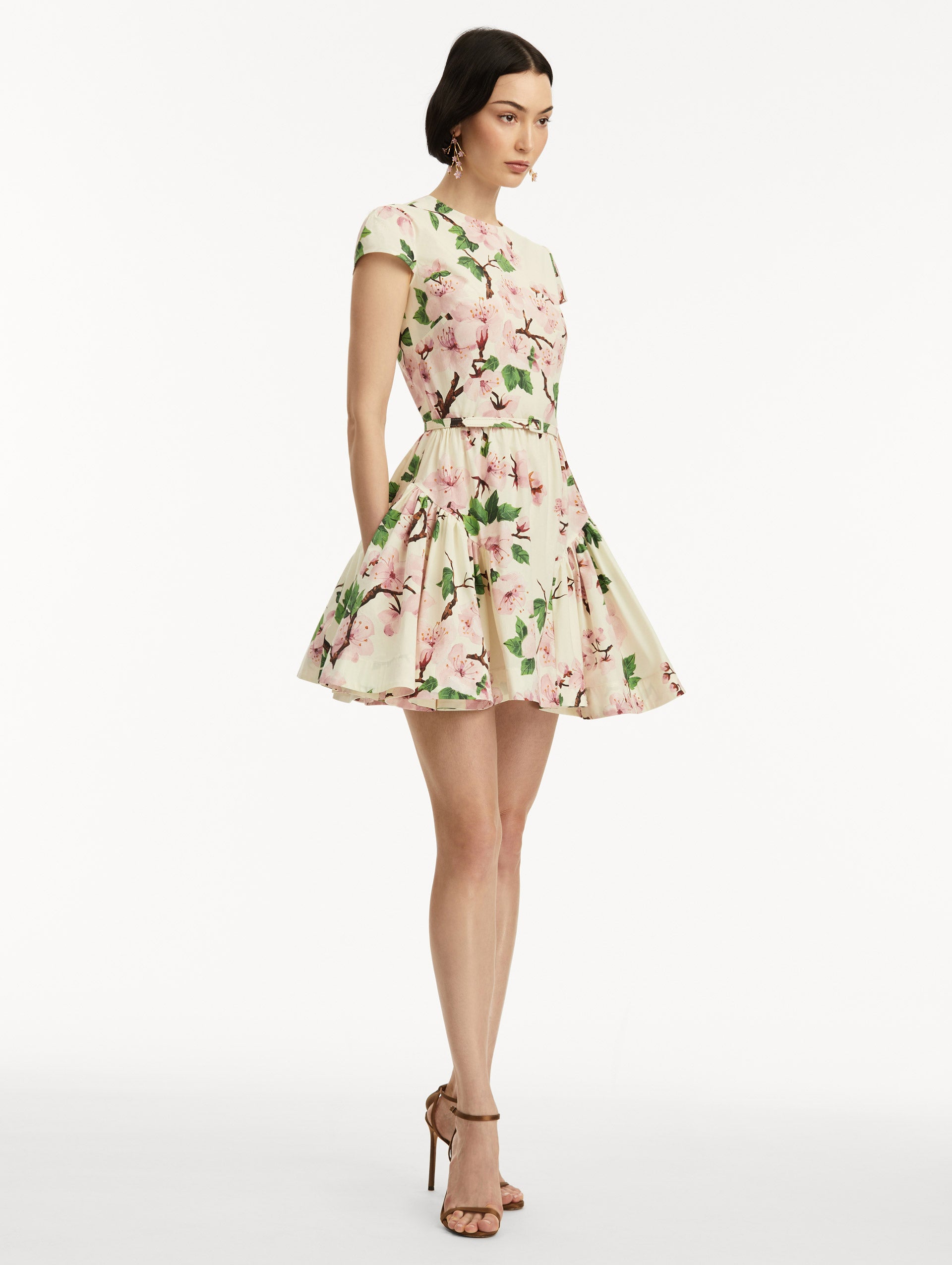 Cherry Blossom Floral Cotton Poplin Mini Dress - Women's Spring Summer Casual Short Sleeve A-Line Dress for Garden Party, Date Night & Vacation