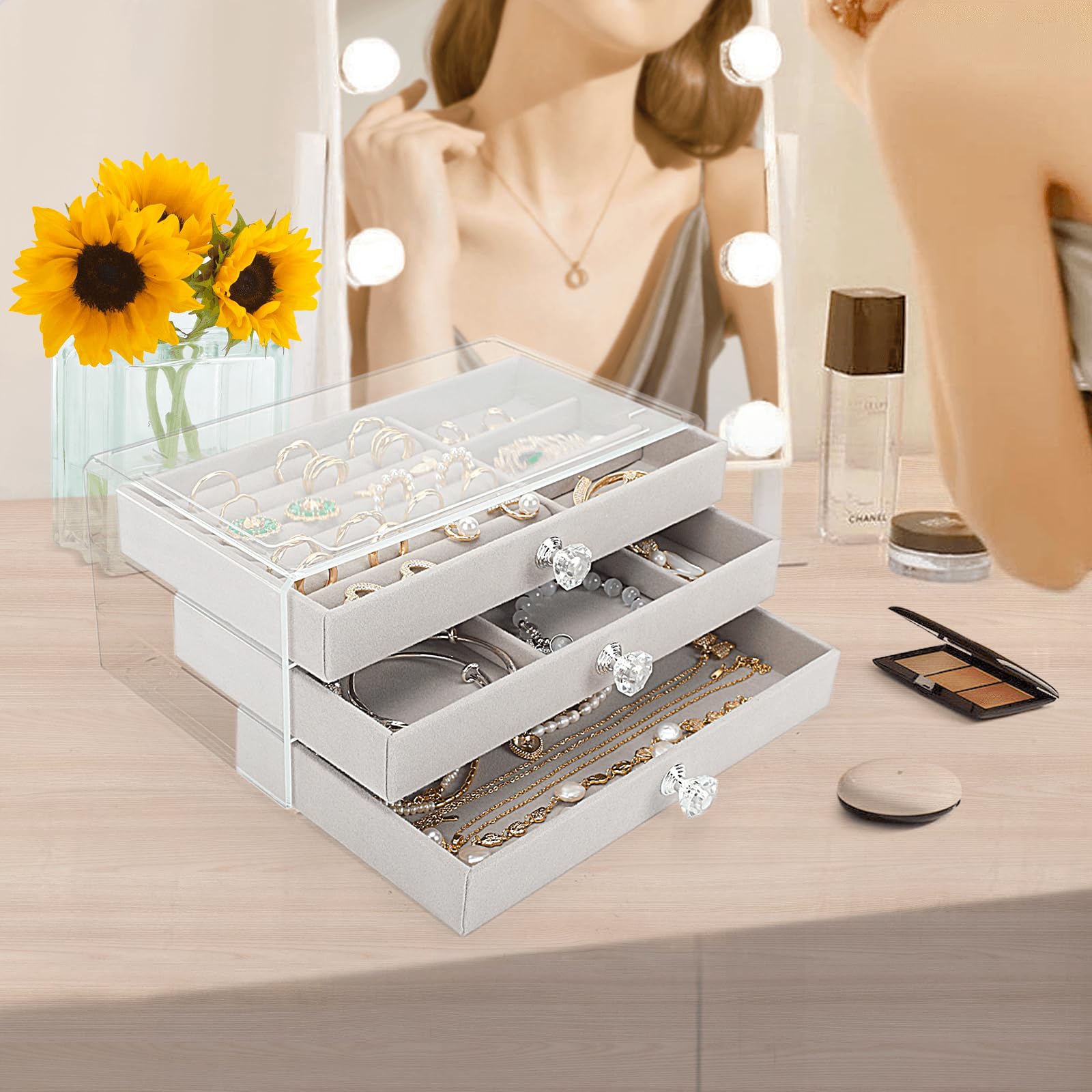 3-Drawer Clear Jewelry Organizer Box with Earring Holder - Stylish Jewelry Storage Case for Necklaces, Rings & Bracelets - Perfect Birthday Gift for Mom, Women & Girls - Great for Bedroom, Travel & Vanity Organizing