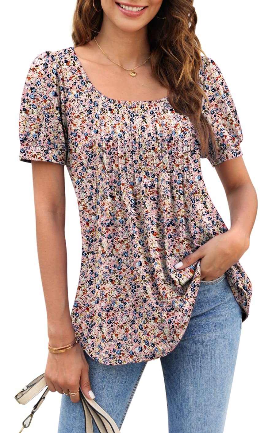 Zwurew Women's Summer Casual Puff Short Sleeve T-Shirt - Square Neck Pleated Flowy Tunic Top for Leggings (Sizes S-2XL) | Perfect for Beach Outings, Yoga, and Everyday Wear
