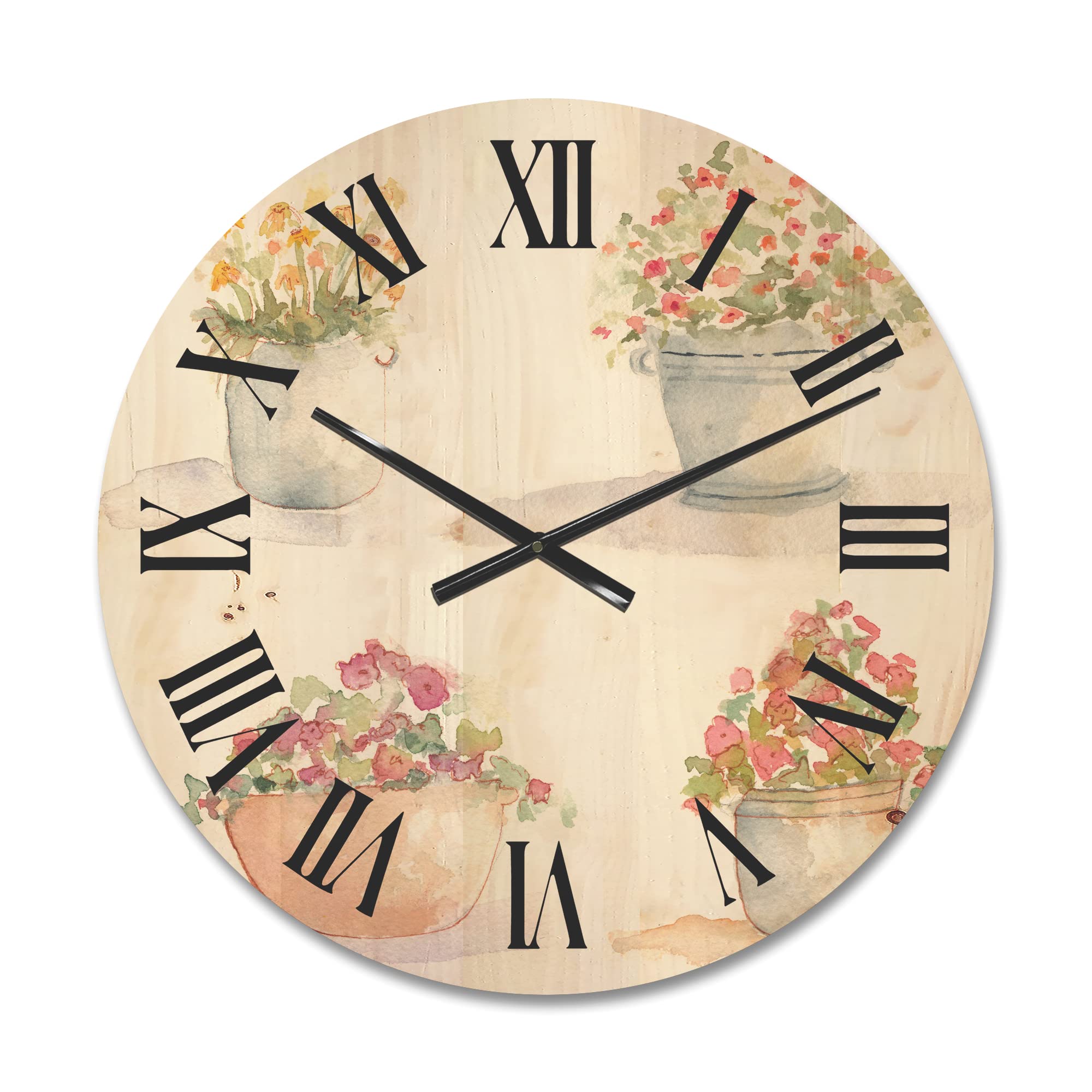 Abstract Four Outdoor Flower Pots Large Wood Wall Clock - Oversized Floral & Botanical Decorative Clock for Living Room, Bedroom, Office Décor - Perfect for Home, Garden, and Indoor Spaces