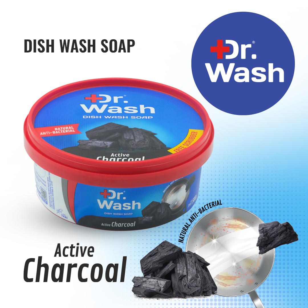 DR WASH Active Charcoal Dish Washing Soap with Scrubber - Deep Cleaning Kitchen Sponge for Pots, Pans & Utensils - Pack of 3 (Eco-Friendly, Natural Degreaser) - Perfect for Daily Dishwashing & Tough Grease Removal