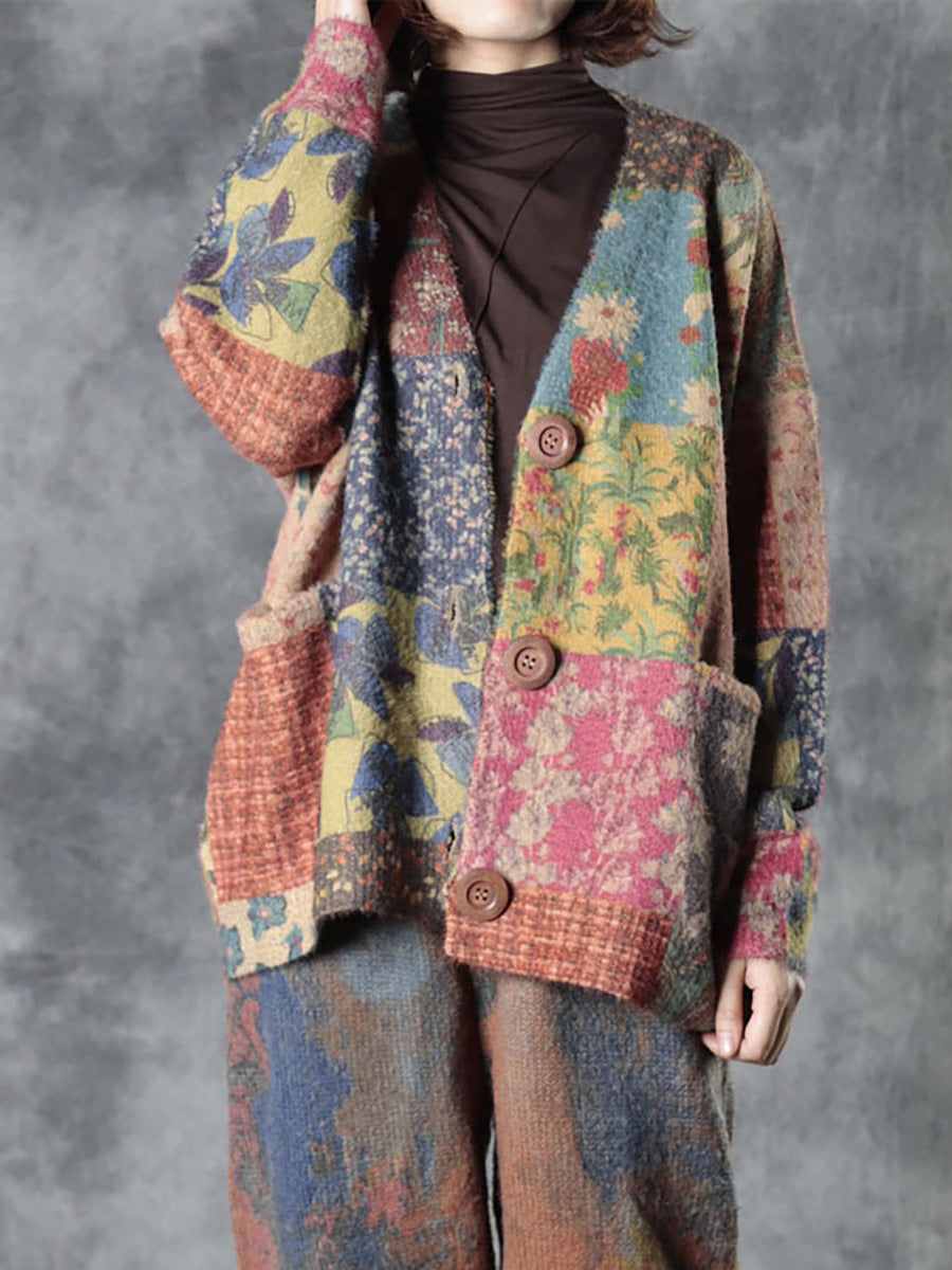 Stylish Autumn Colorful Floral Knit Sweater Coat for Women - Cozy Fall Fashion for Outdoors & Casual Wear