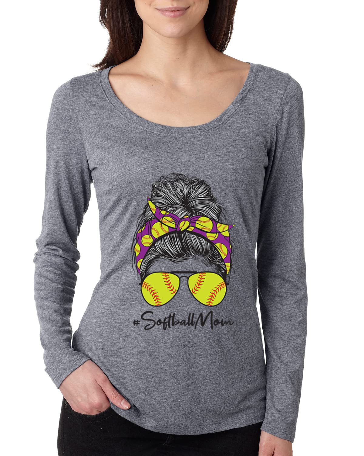 Messy Bun Softball Mom T-Shirt - Comfortable Long Sleeve Scoop Neck Top for Women | Perfect for Game Day, Sports Events & Mother's Day Gifts | Softball Mom Apparel for Casual Wear & Team Spirit