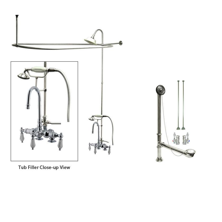 Vintage Chrome Clawfoot Bathtub Faucet with Shower Kit & Enclosure Curtain Rod - 18T1CTS - Perfect for Classic Bathroom Renovations & Spa-Like Showers