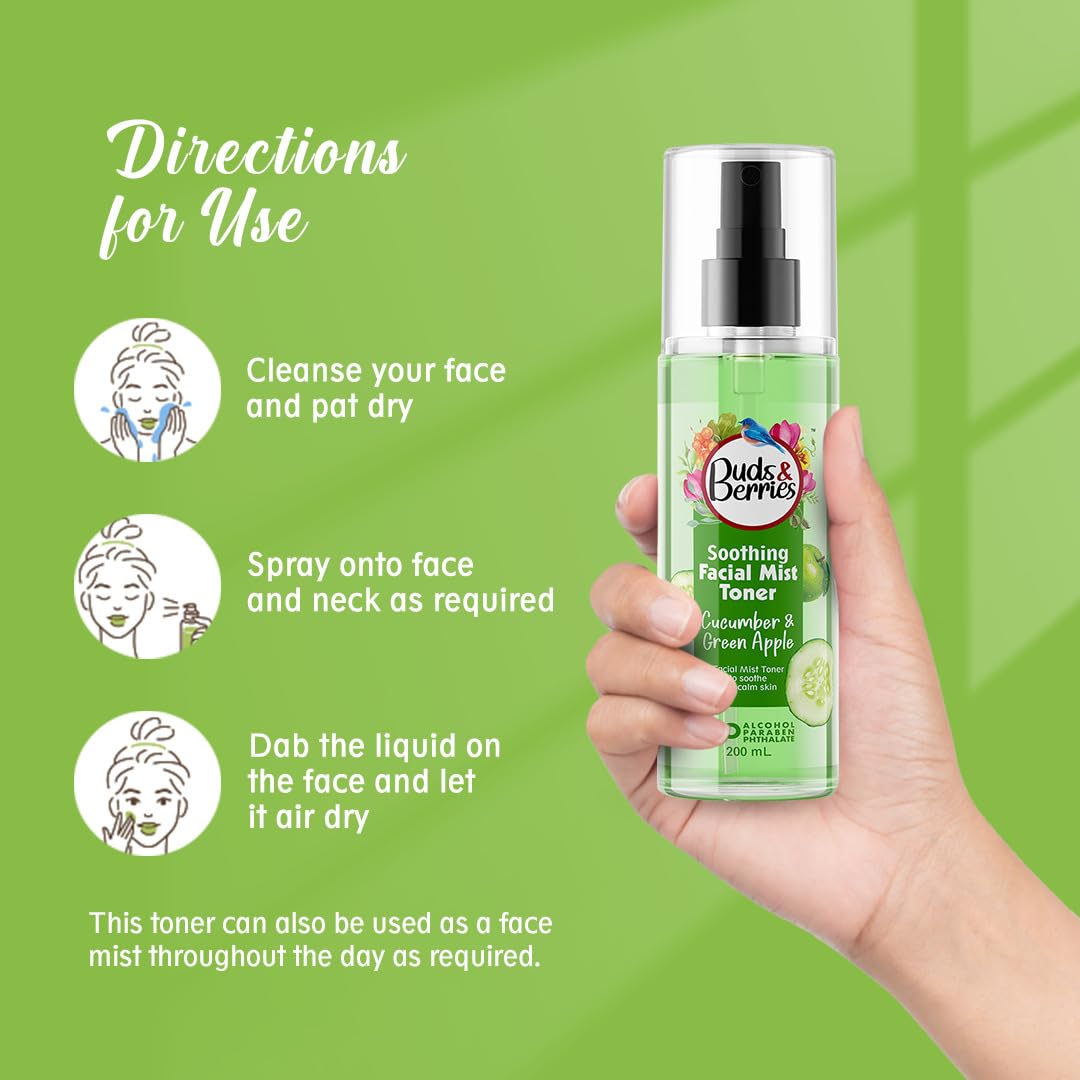 Buds & Berries Cucumber Green Apple Facial Toner Mist - Alcohol-Free, Paraben-Free, Pore Minimizer for Normal to Oily Skin | 200ml Hydrating Spray | Perfect for Post-Workout Refresh, Travel Essential & Daily Skincare Routine