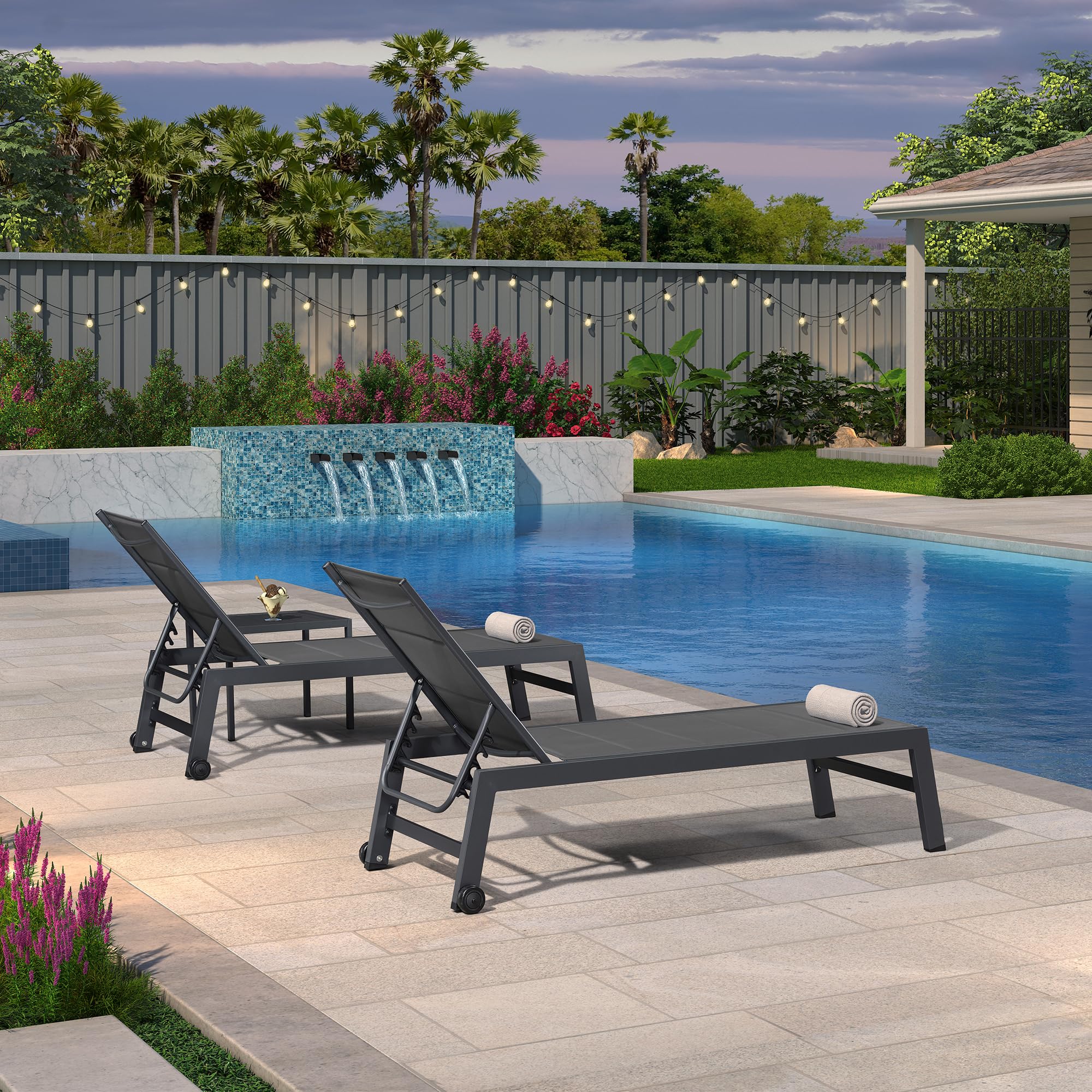 PURPLE LEAF Outdoor Chaise Lounge Set of 2 - Aluminum Patio Lounge Chairs with Wheels & Side Table - Grey Poolside Chaise Lounges for Backyard, Garden, Pool Area Relaxation