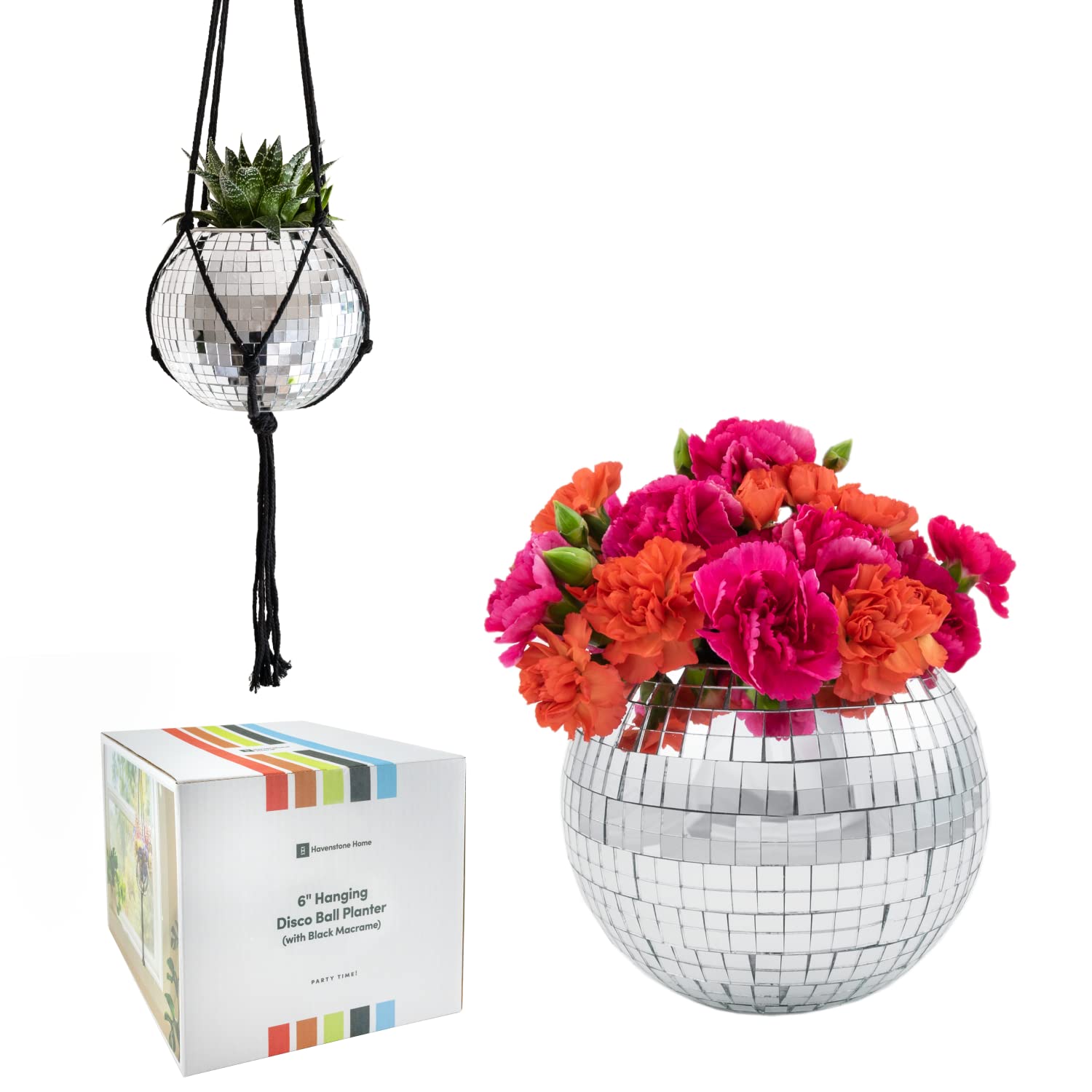 8 Inch Hanging Disco Ball Planter with Acrylic Stand & Macrame Hanger - Modern Home Decor for Living Room, Bedroom, Office - Perfect for Plants, Succulents, or Decorative Display (Includes 6