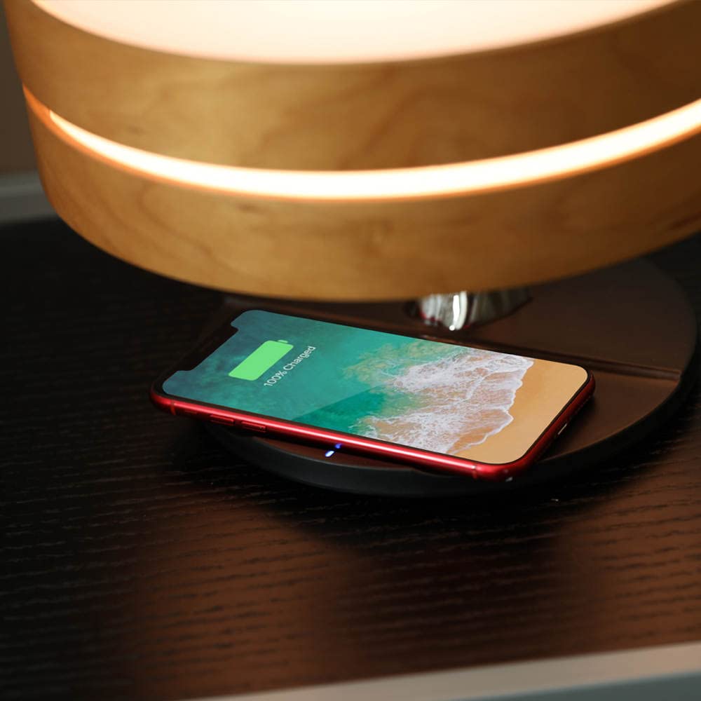 Modern LED Bedside Smart Table Lamp with Built-in TWS Bluetooth Speaker & Qi Wireless Charger - Stepless Dimming, Sleep Mode - Perfect for Bedroom, Office, and Nightstand Use (Circle of Light Design)