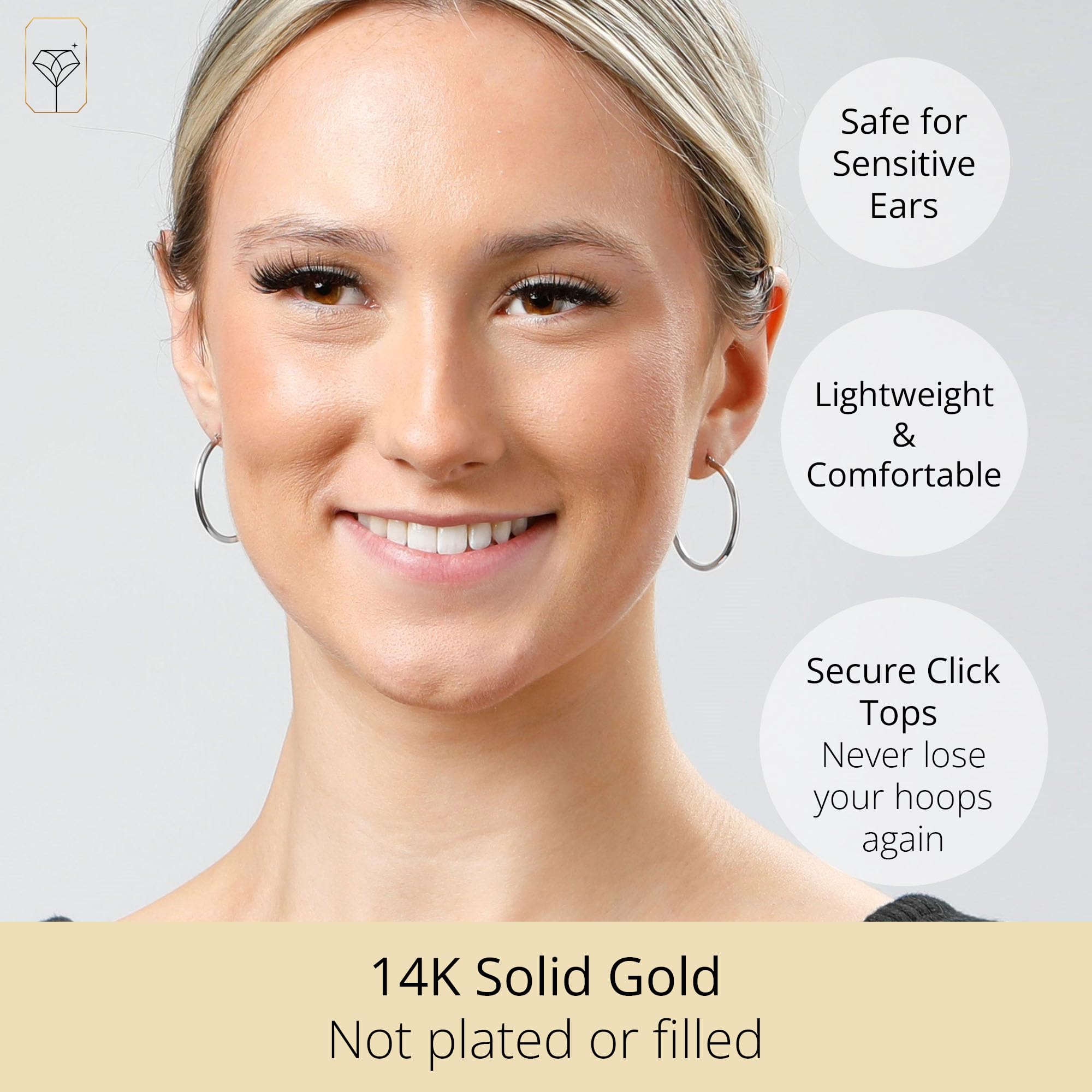 14K Solid Gold Hoop Earrings for Women - Yellow or White Gold Click-Top Hoops (0.47