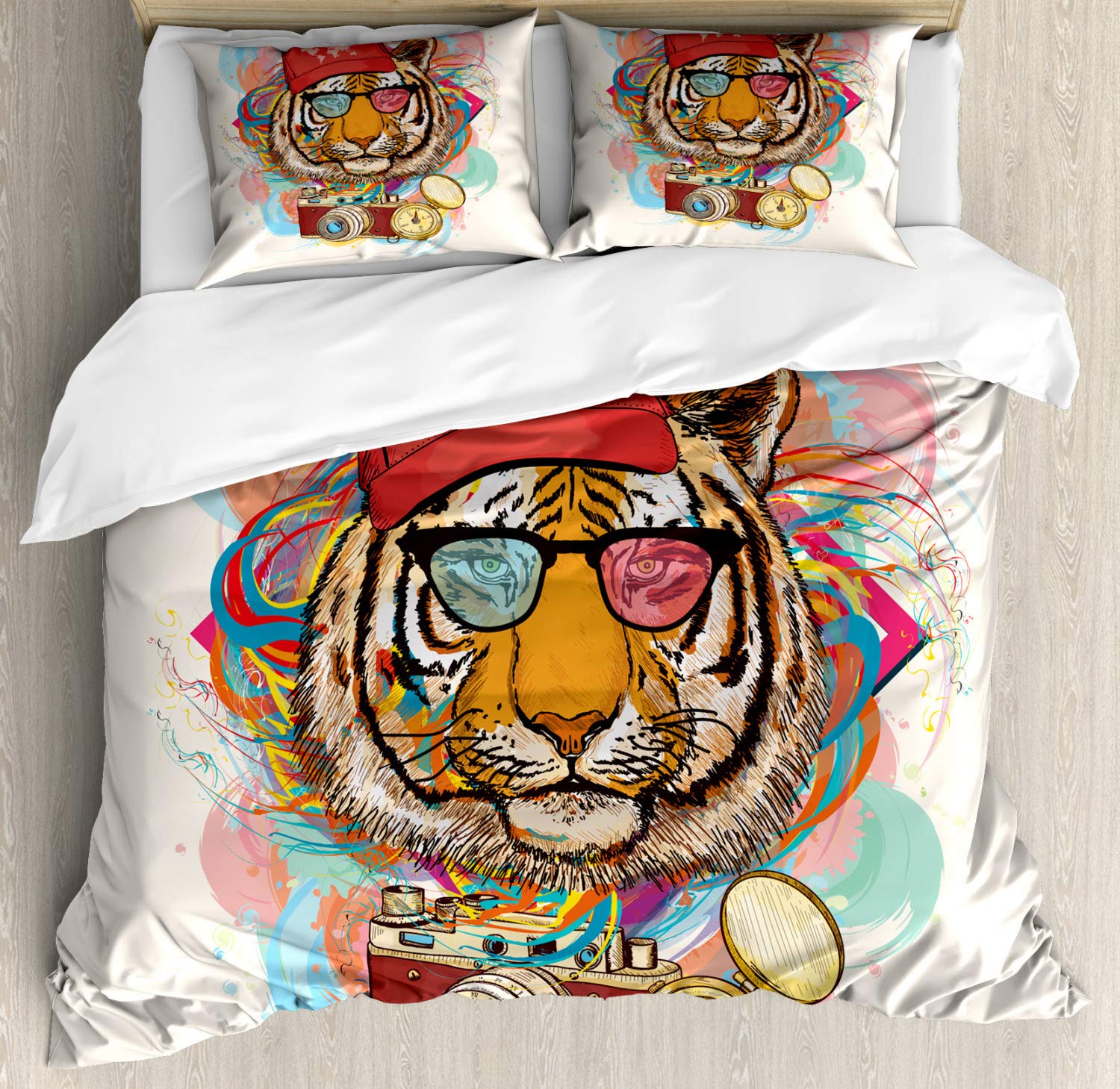 Ambesonne King Size 3-Piece Duvet Cover Set with 2 Pillow Shams - Hipster Rapper Tiger Sunglasses Hat & Camera Artist Hippie Comic Print, Vibrant Multicolor Animal Themed Bedding for Bohemian & Urban Decor - Perfect for Teen Bedrooms, Dorm Rooms & Music Lover Gifts