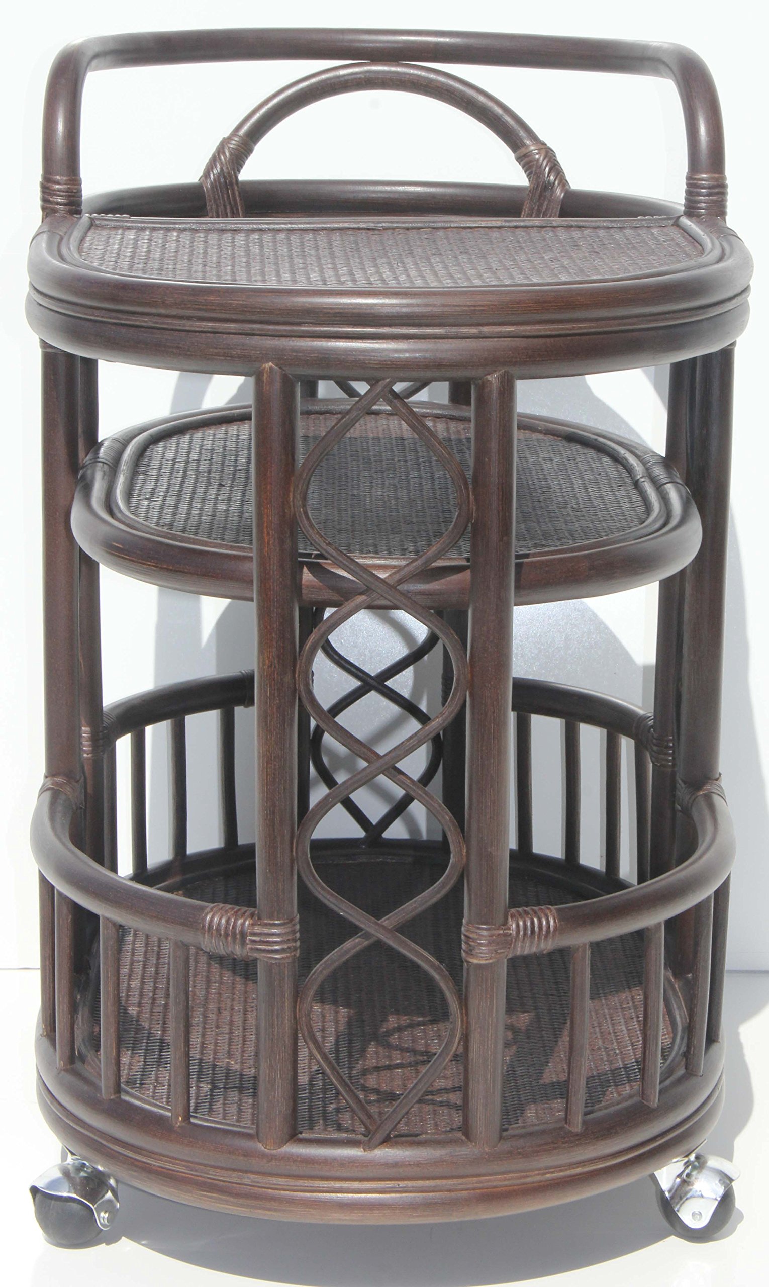 Handmade Natural Rattan Wicker Bar Cart with Wheels - Eco-Friendly Dark Brown Serving Table for Drinks & Appetizers - Perfect for Home Bar, Outdoor Entertaining & Kitchen Use