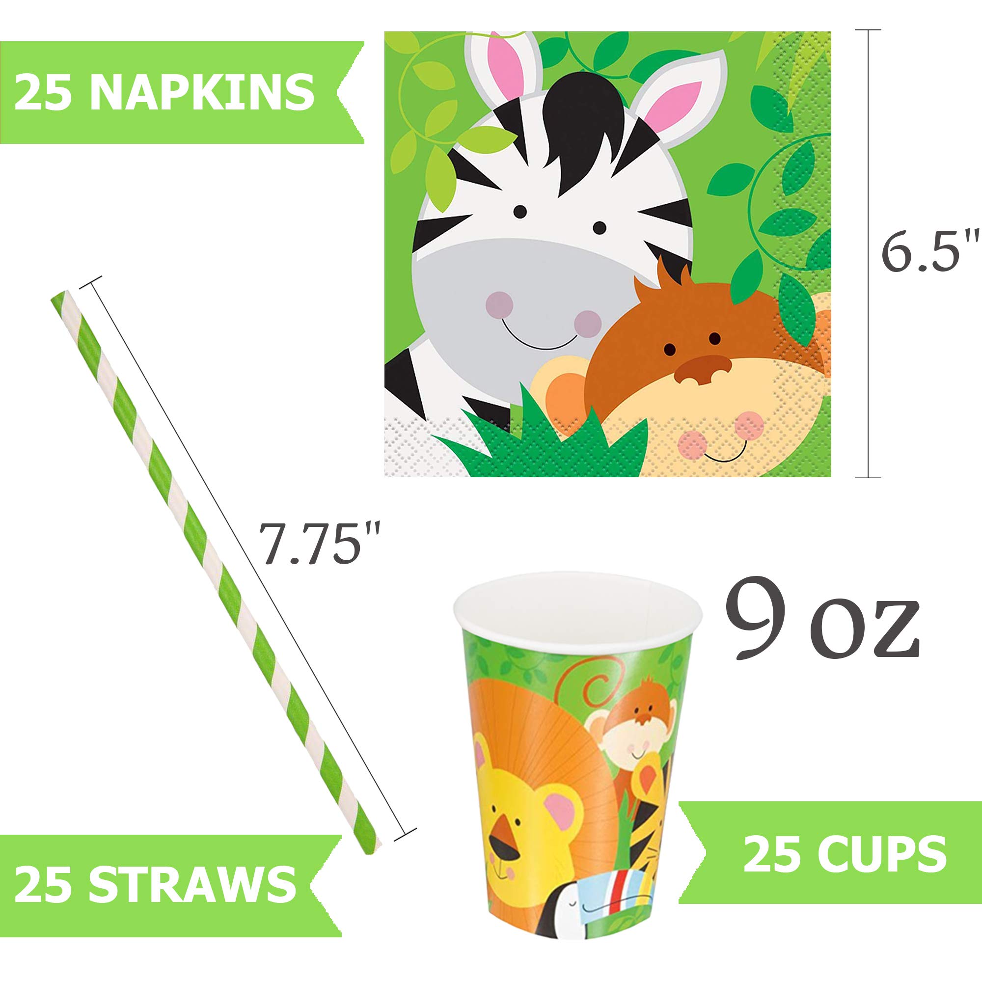 Jungle Animals Party Supplies Set - 25 Pcs Animal Plates, Cups, Napkins & Straws for Kids Birthday, Baby Shower & Themed Decorations