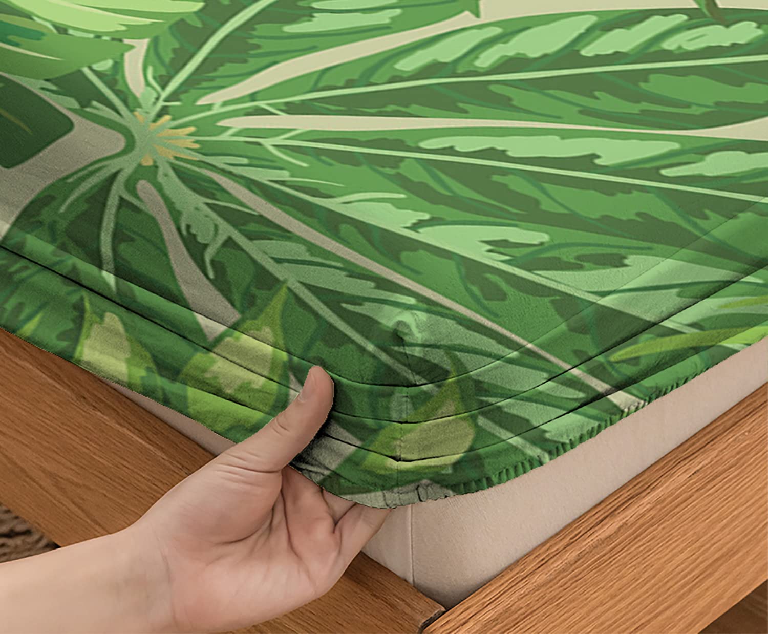 Green Leaf Theme Twin/Twin XL Fitted Bed Sheets - Fresh Jungle Aloha Pattern Printed 2-Piece Bedding Set | Ultra Soft & Breathable Fabric | Perfect Fit for Mattress (Apple Green) | Ideal for Tropical Bedroom Decor, Vacation Homes & Boho Chic Style