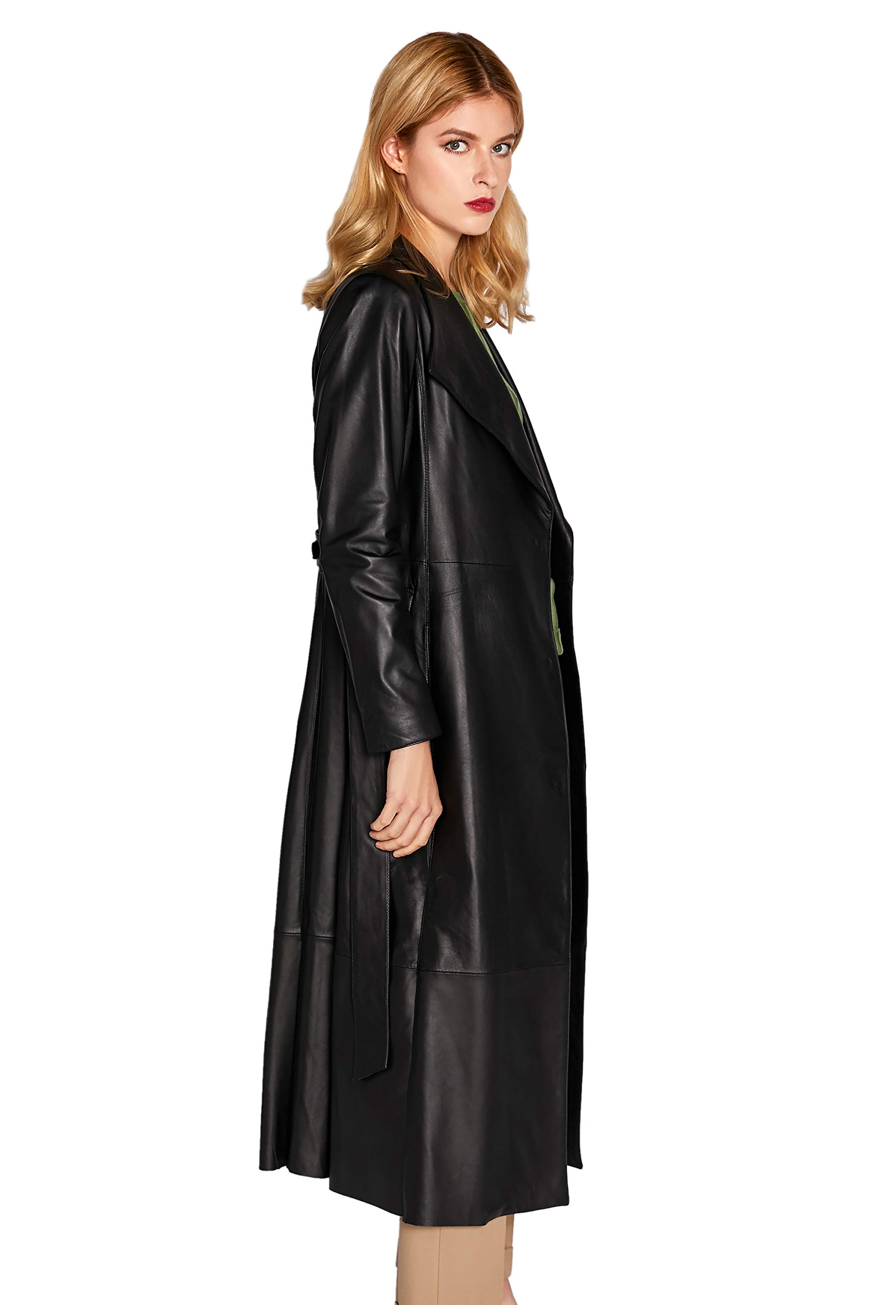 Genuine Lambskin Leather Trench Coat for Women - Black Long Jacket with Belt | SmartUniverseWear | Perfect for Office, Date Night & Fall Fashion