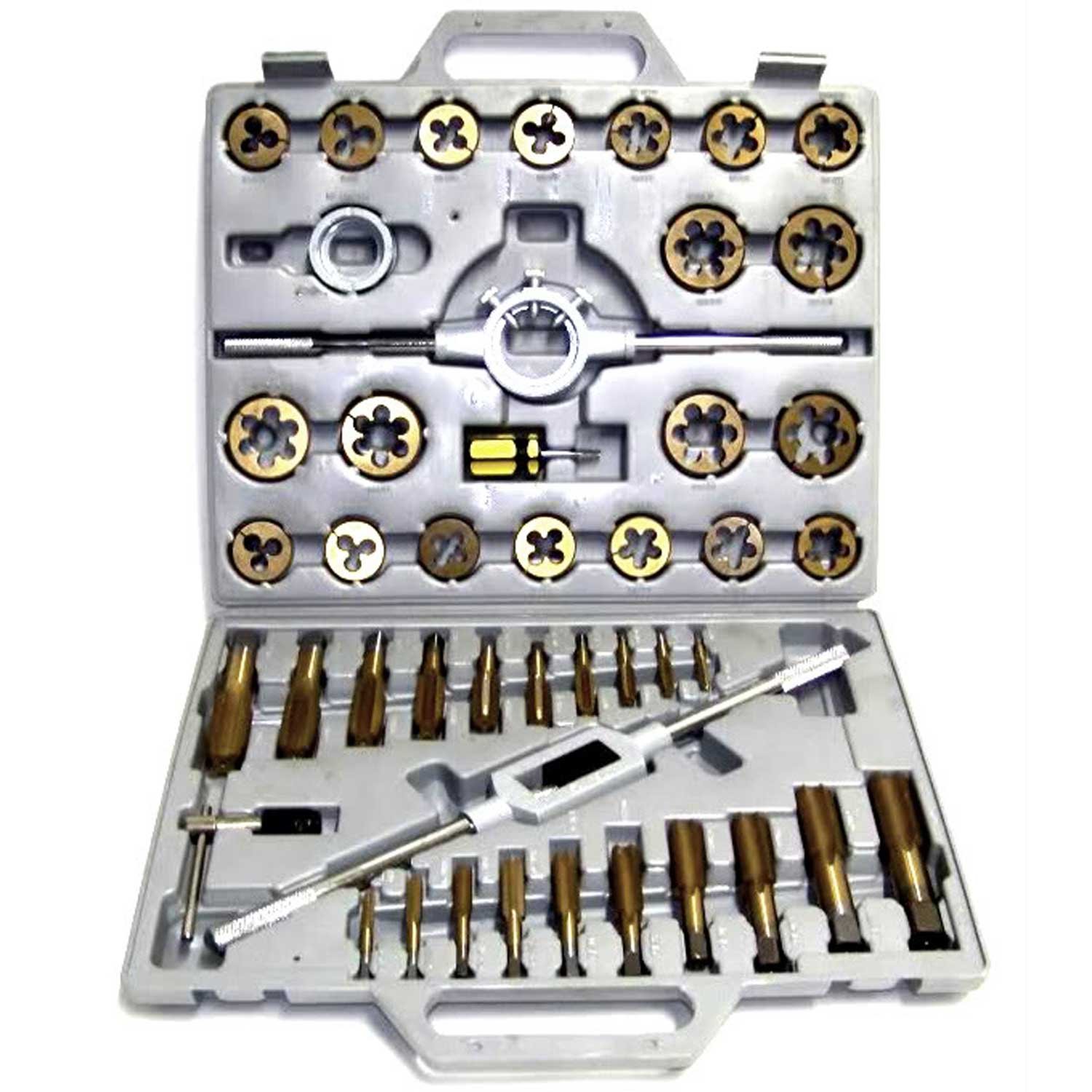 45-Piece SAE Tap and Die Set - High-Speed Tungsten Steel & Titanium Coated Tools for Metalworking, Plumbing, and DIY Projects
