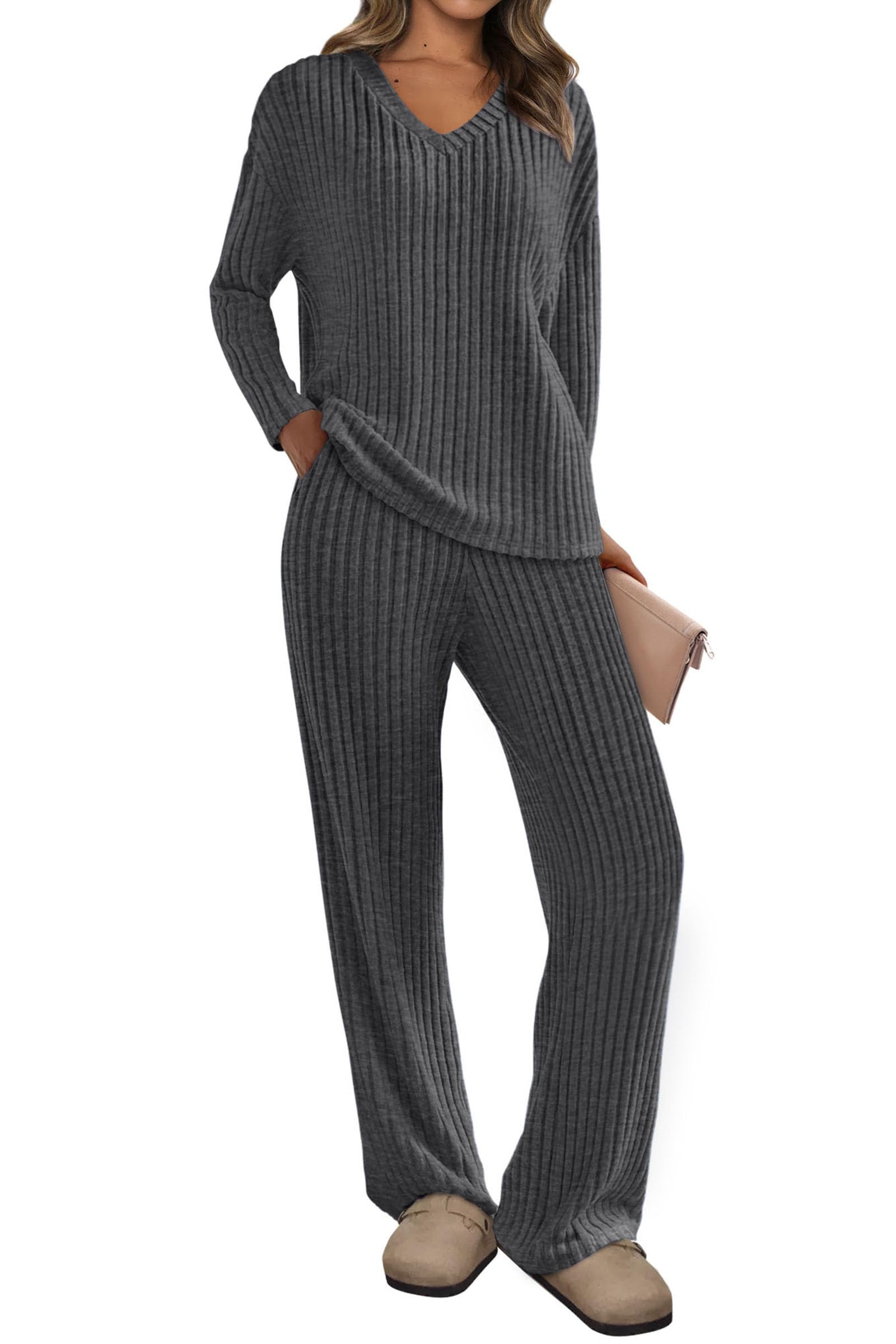 PRETTYGARDEN Women's 2 Piece Lounge Set - Soft Ribbed Knit Long Sleeve V-Neck Top & Wide Leg Pants Comfy Outfit for Spring Fall | Cozy Home Wear, Casual Street Style, Relaxing Weekend Outfits
