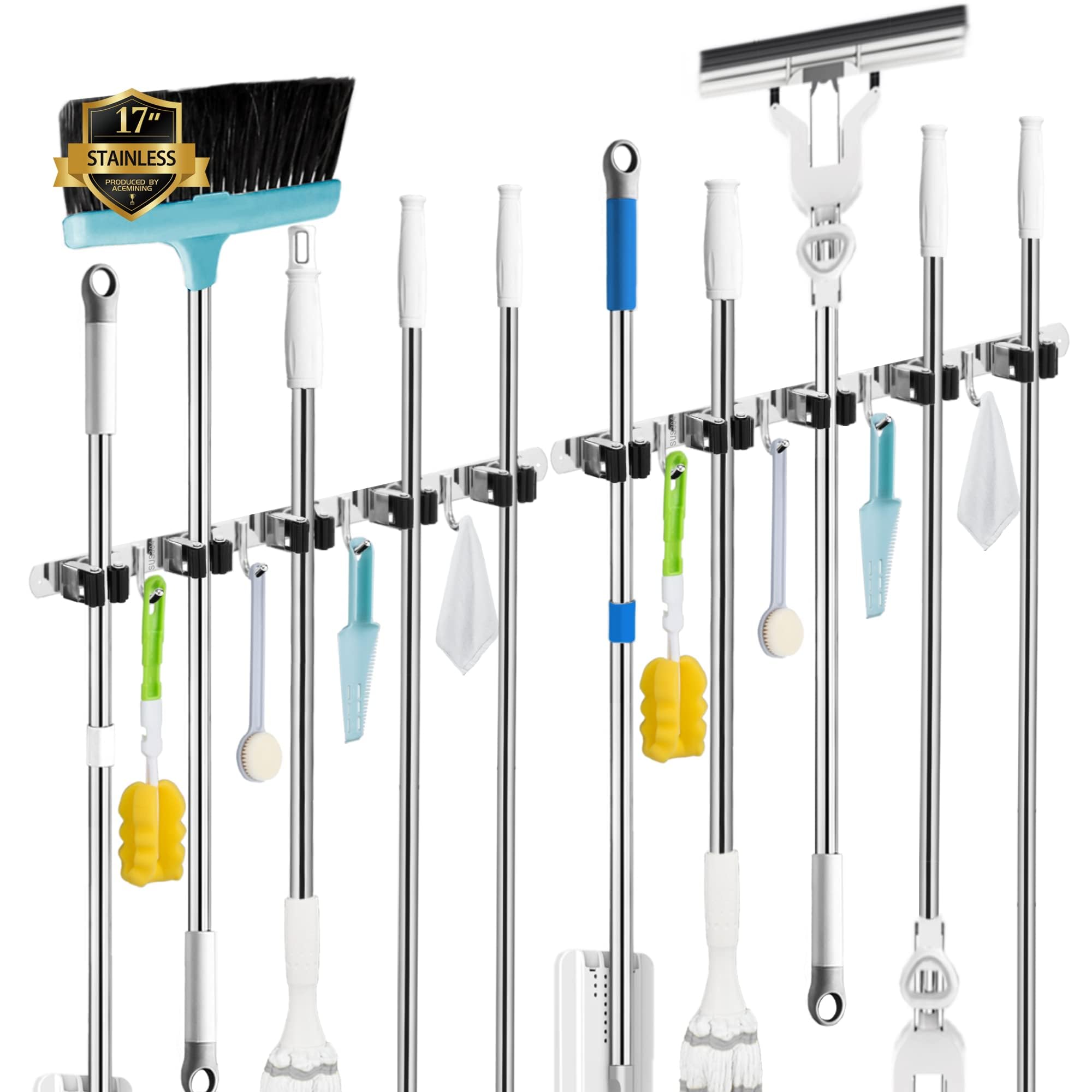 2 Pack Heavy Duty Wall Mount Mop and Broom Holder - 5 Racks & 4 Hooks Stainless Steel Organizer with Self-Adhesive & Non-Slip Design for Home, Kitchen, Laundry, Garage Storage - Perfect for Organizing Cleaning Tools in Small Spaces