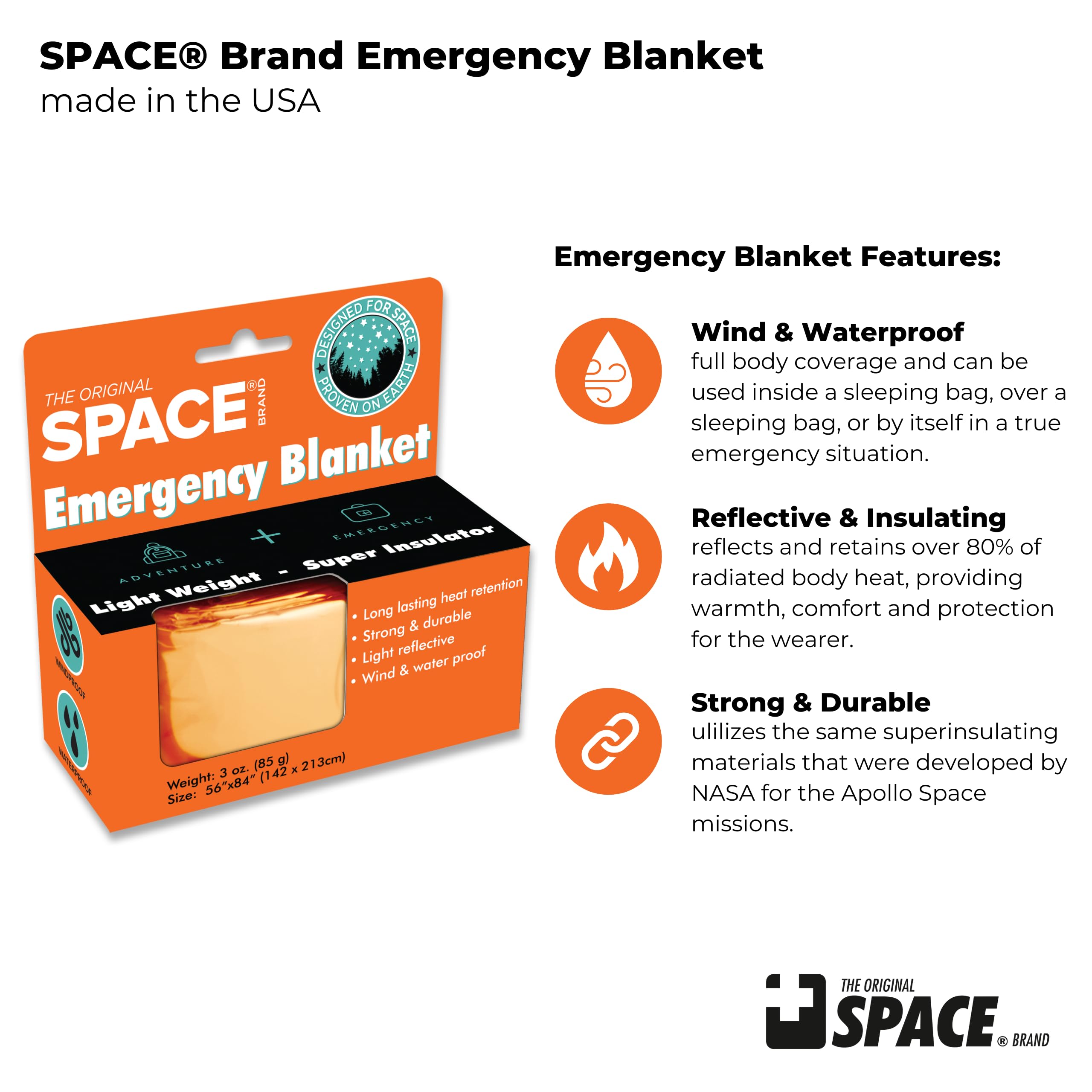 Space Brand Emergency Survival Blanket - Orange/Silver Reflective Thermal Blanket, Waterproof Windproof for Camping, Hiking, First Aid & Outdoor Adventures