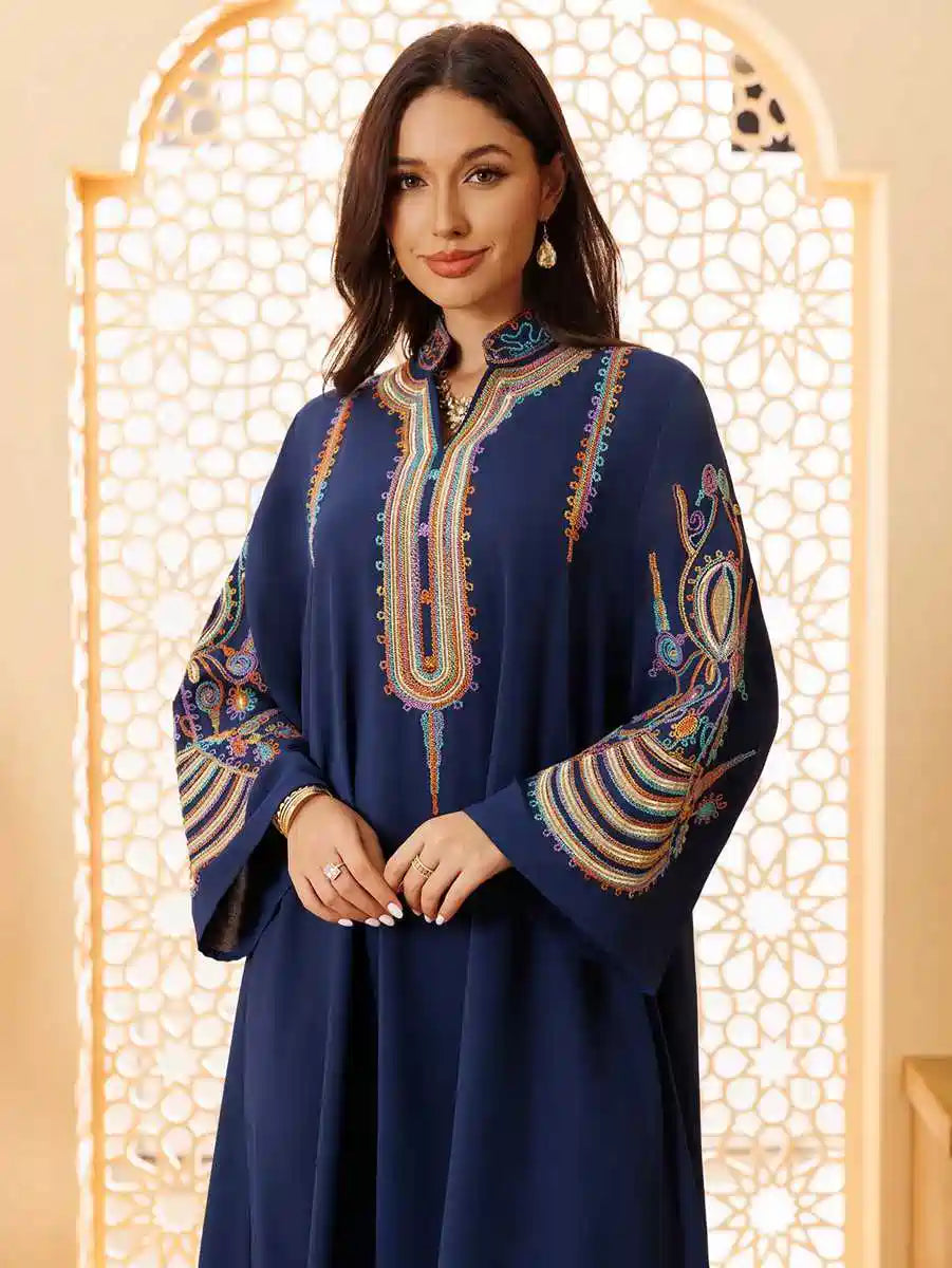 Elegant Eid Rope Embroidery Kaftan Dress for Women - Flowy Long Sleeve Maxi Dress for Muslim Holiday Celebrations, Parties and Special Occasions