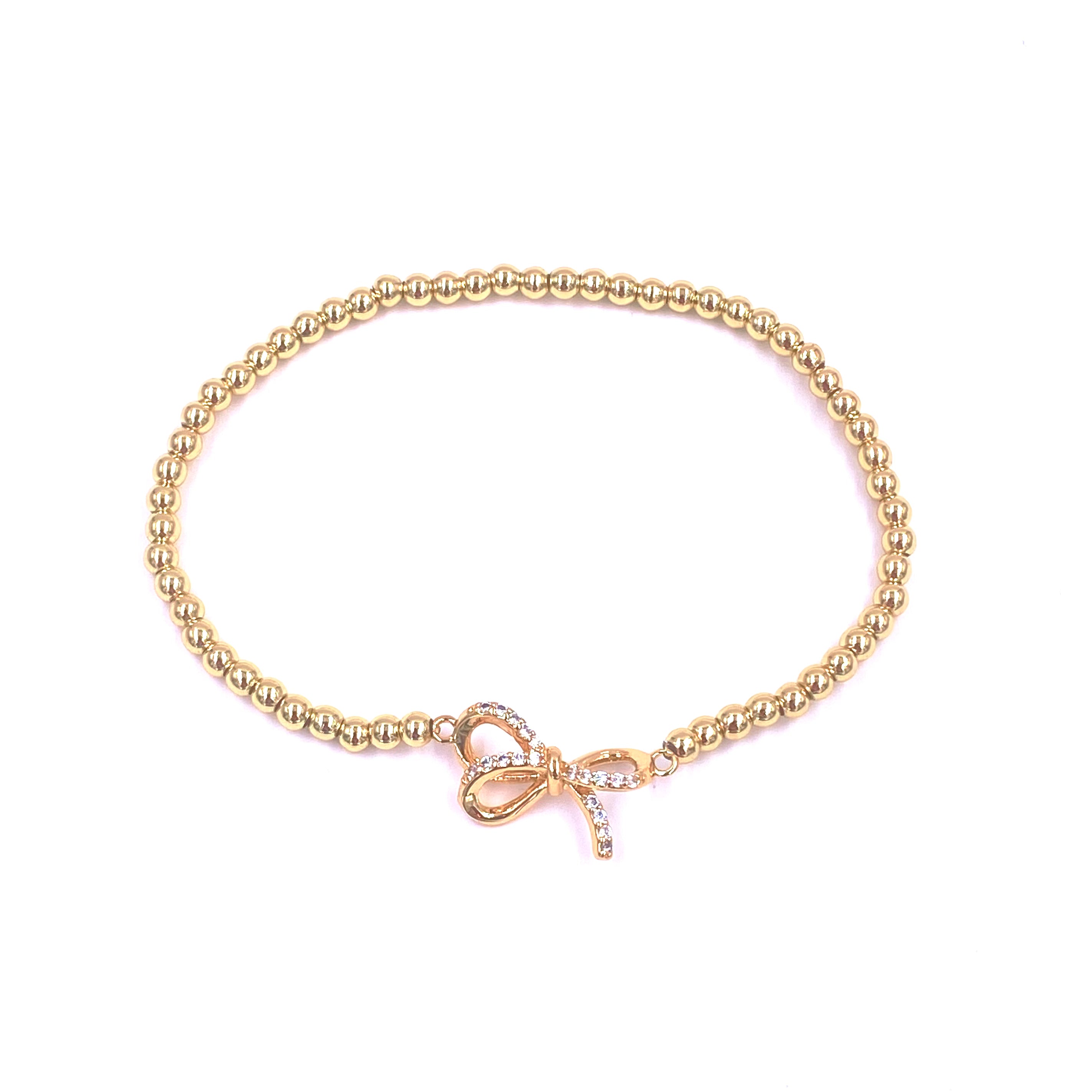 Elegant Ashley Gold Stainless Steel Bracelet with CZ Bow Design - Stretch Beaded Jewelry for Women - Perfect for Parties, Weddings & Daily Wear