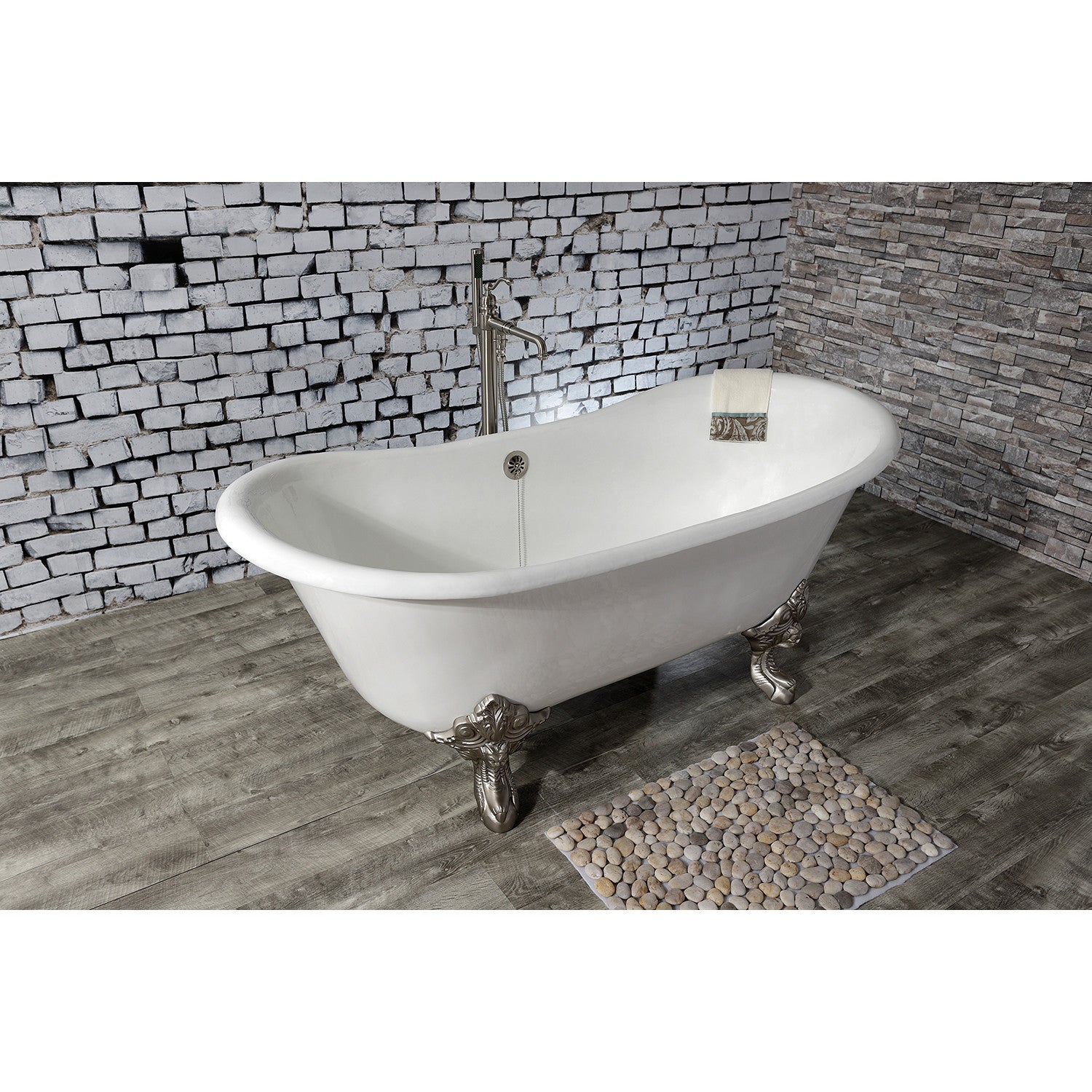 Aqua Eden 67 Inch White Cast Iron Clawfoot Bathtub - Oval Double Slipper Design with Brushed Nickel Feet | Freestanding Soaking Tub for Luxury Bathroom & Spa Retreat