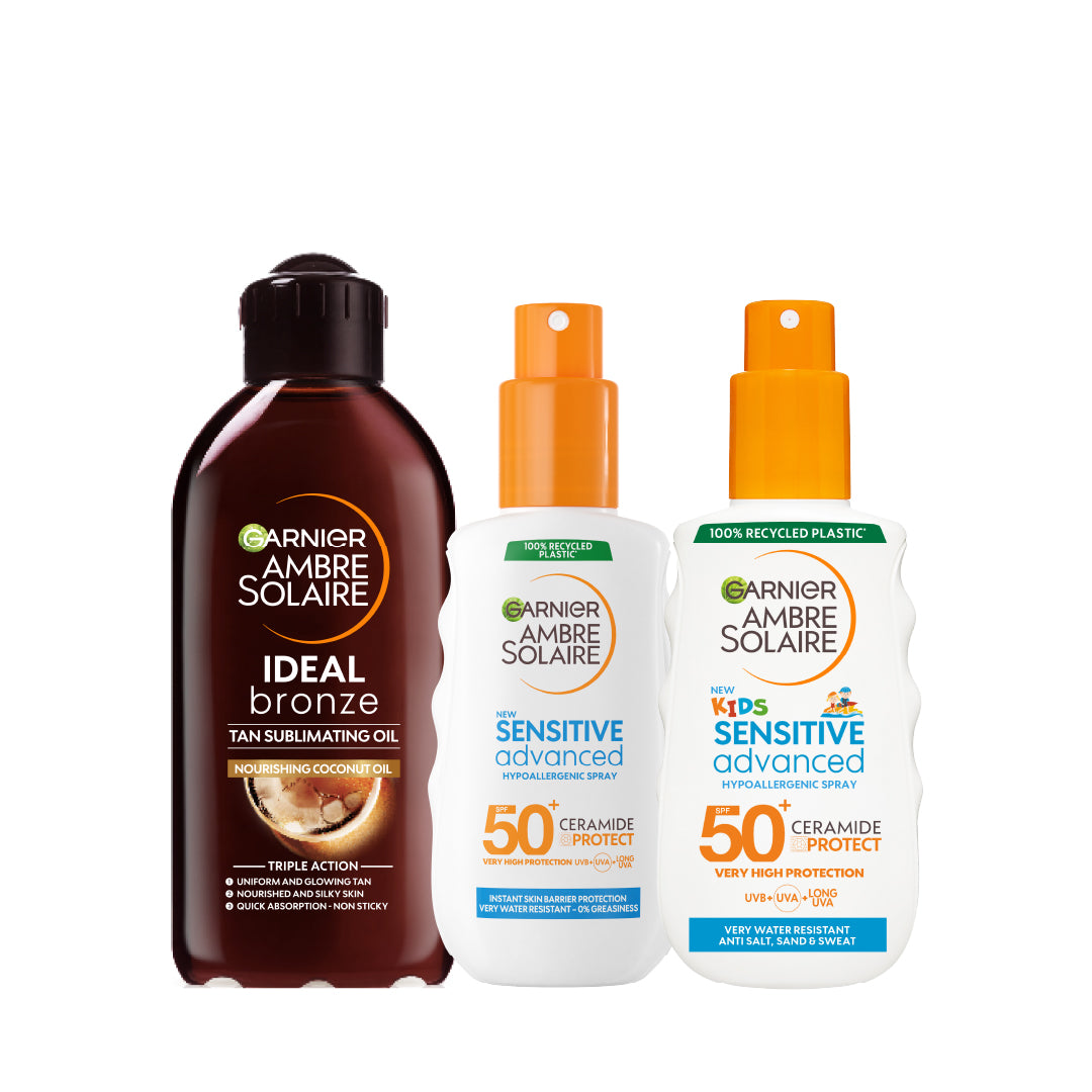 Ambre Solaire Sensitive Advanced SPF 50+ Sunscreen Spray for Adults & Kids with Sublimating Tanning Oil Trio - Ideal for Beach, Pool & Outdoor Activities