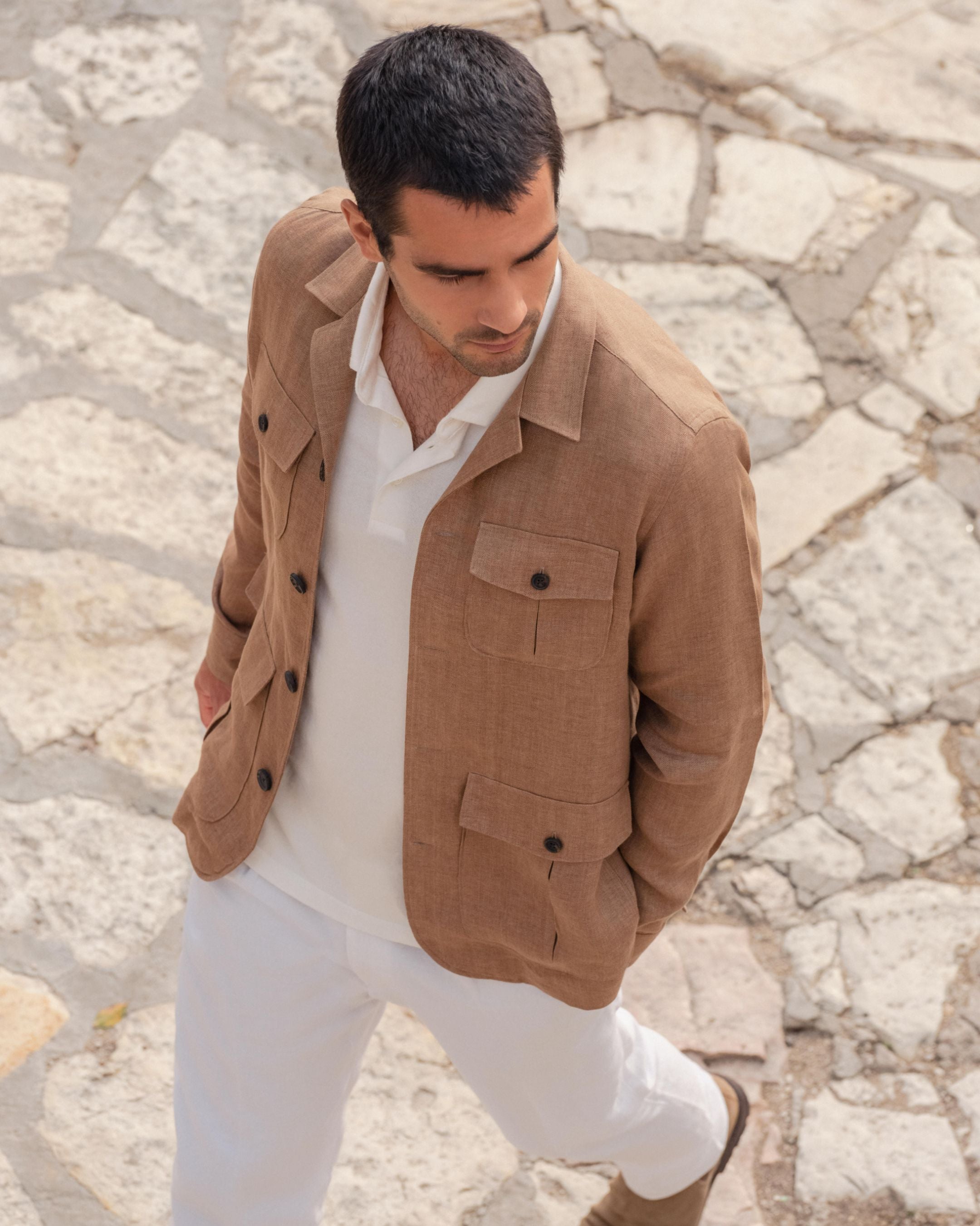 Men's Safari Linen Jacket - Lightweight Breathable Tan Brown Outdoor Adventure Travel Jacket for Hiking, Camping & Safari Trips