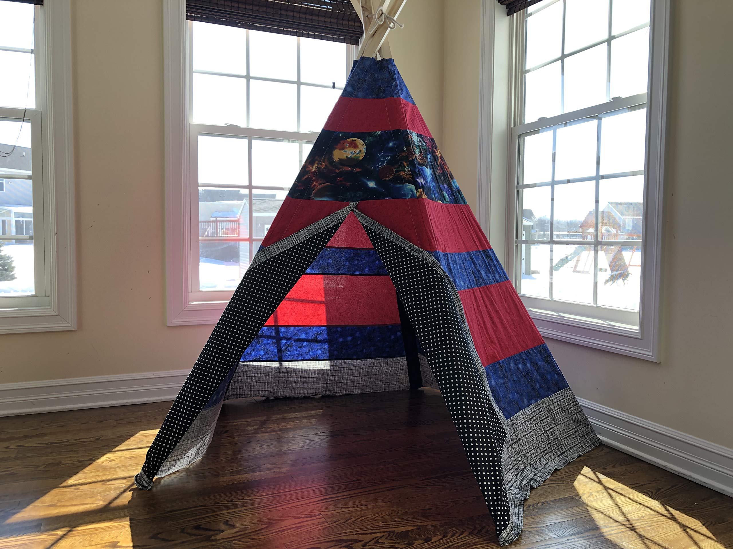 Classic Outer Space Planets Red, Blue & Black Striped Teepee Tent for Kids - Playroom Decor, Reading Nook & Indoor Camping Adventure
