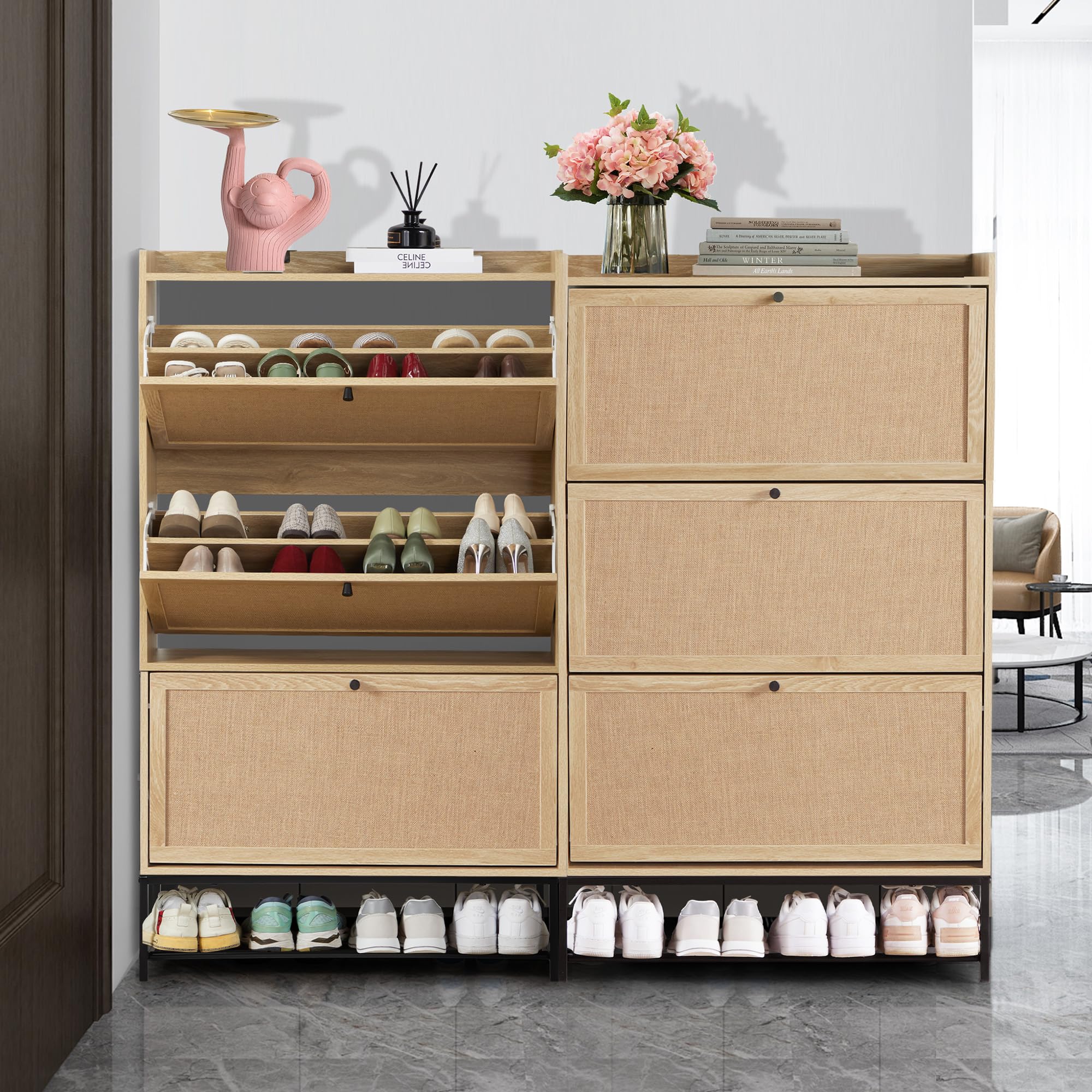 LEVNARY 3-Tier Flip Drawer Shoe Storage Cabinet - Freestanding Wooden Shoe Organizer with Metal Legs for Entryway & Hallway | Space-Saving Narrow Shoe Rack for Small Spaces (Natural Oak) | Perfect for Apartment Living, Closet Organization & Entryway Storage